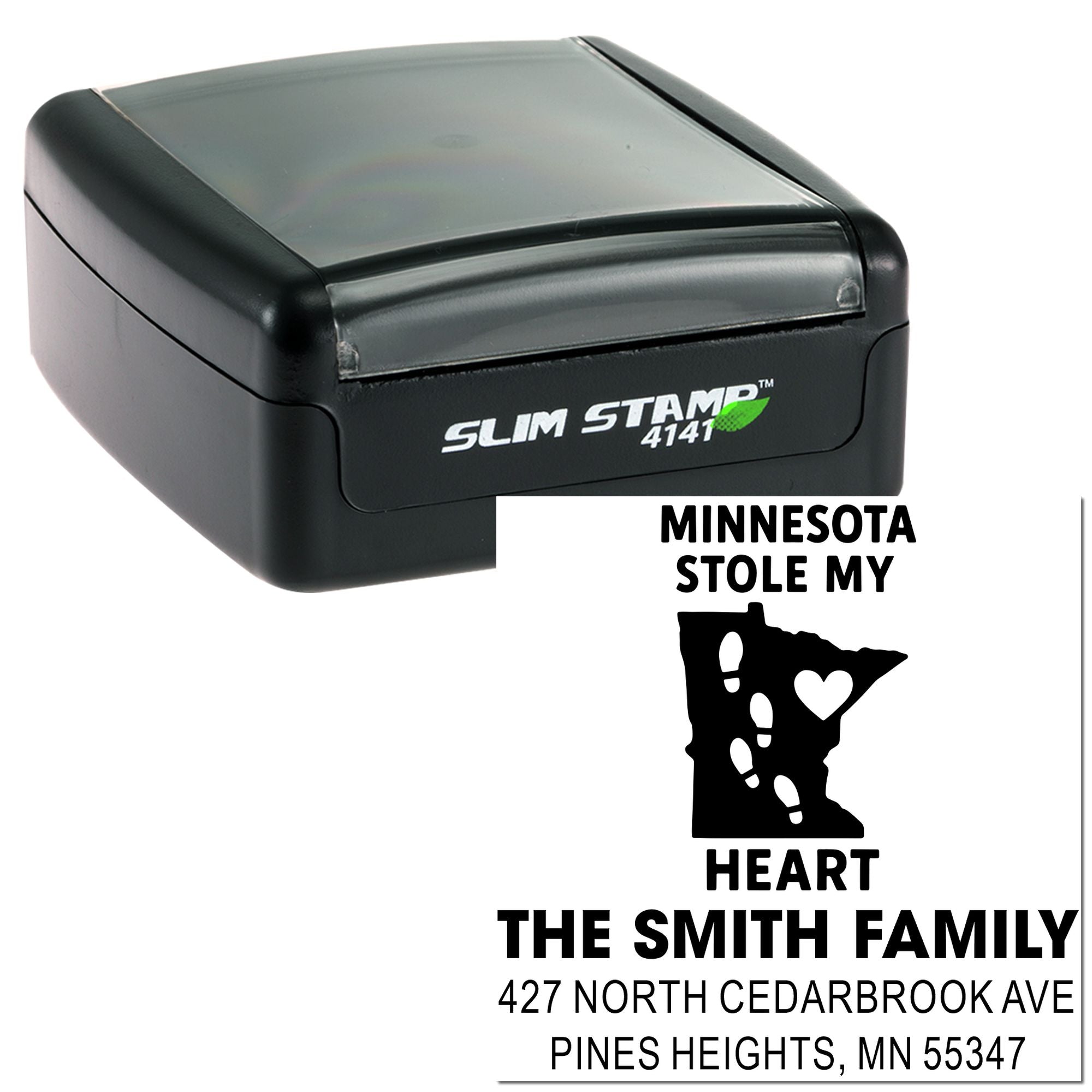 Custom Slim Stamp 4141 self-inking rubber stamp with Minnesota stole my heart family address design for personalized mail.