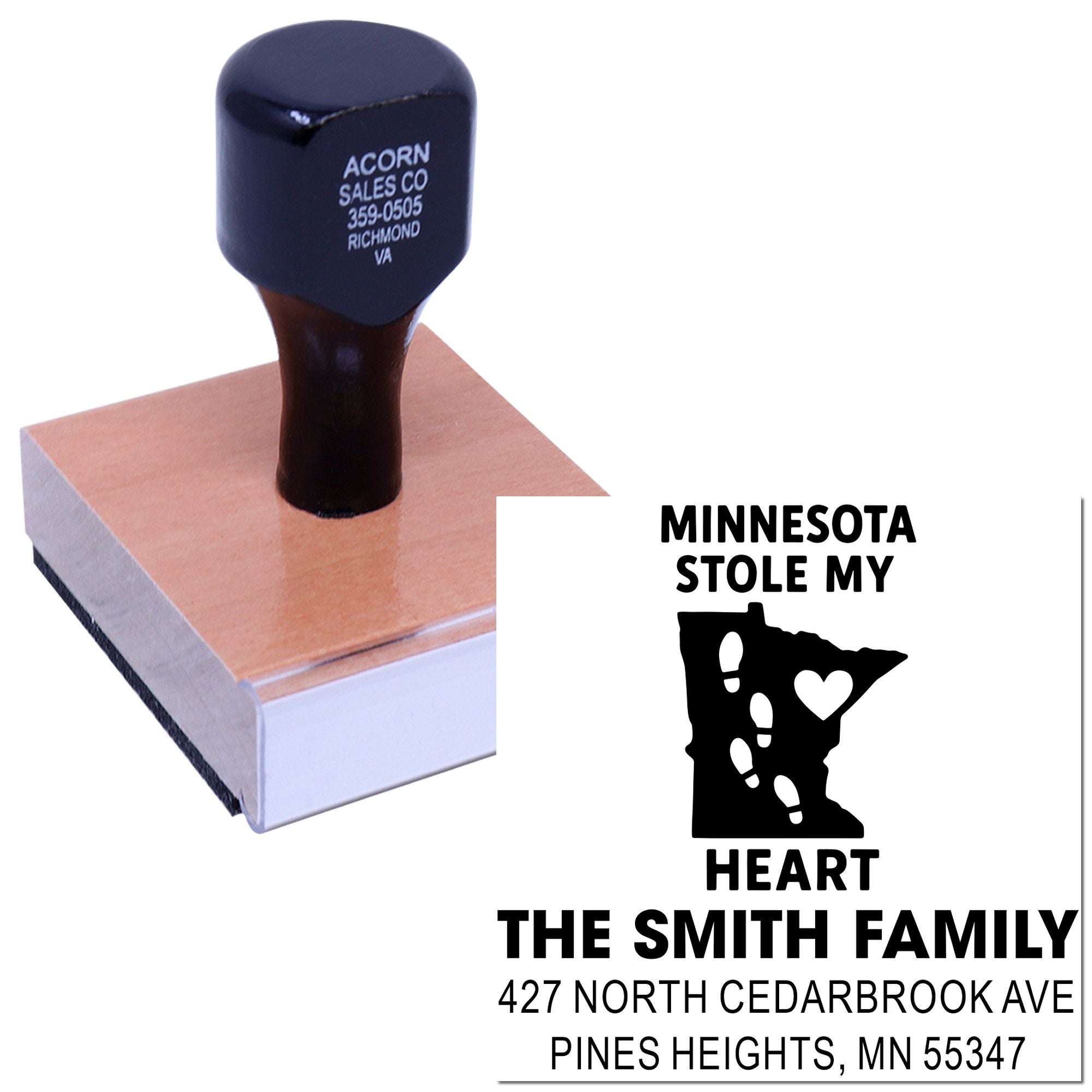 Personalized return address rubber stamp with Minnesota stole my heart design for family mailings
