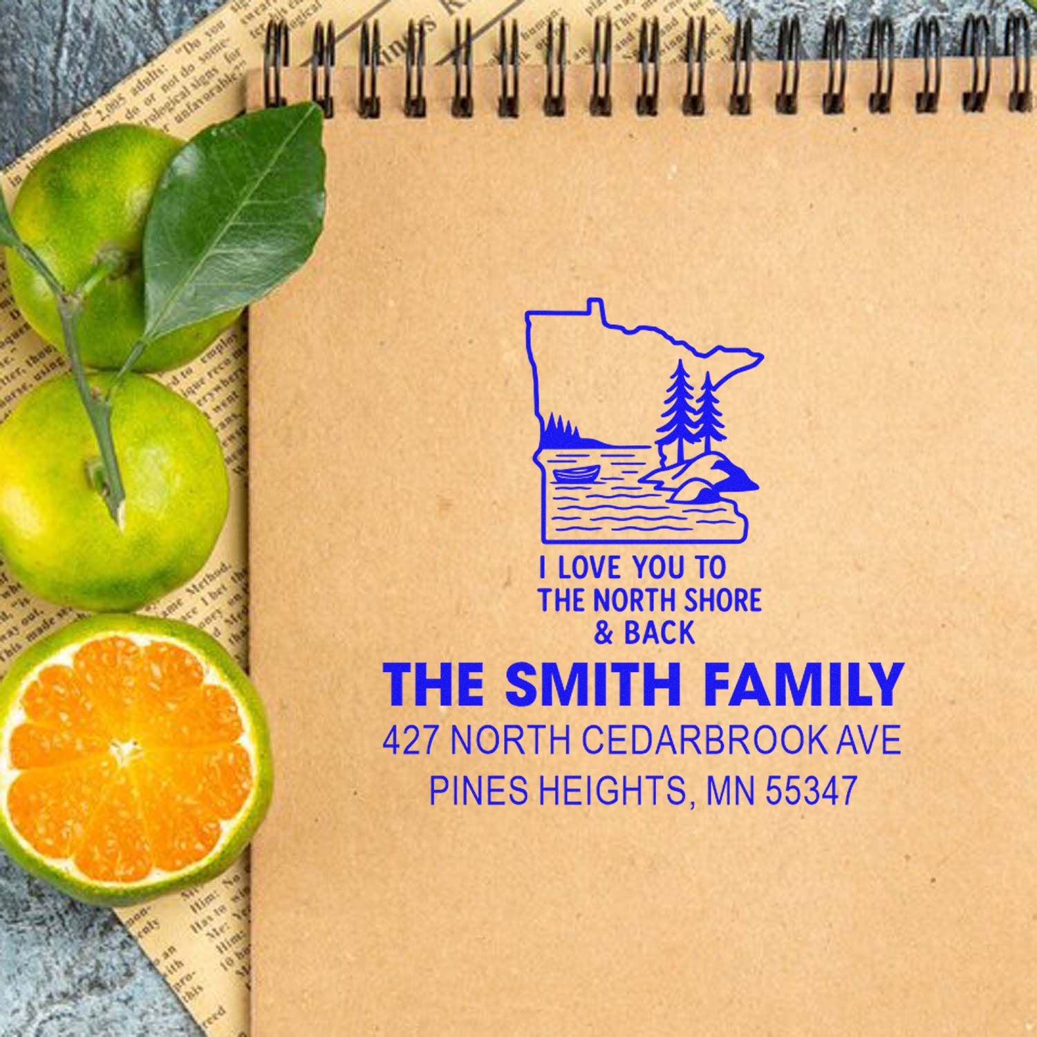 Custom Minnesota North Shore return address rubber stamp for The Smith Family with address and love message on kraft paper.