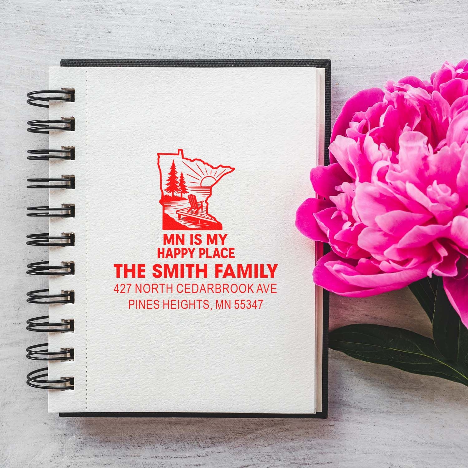 Personalized Minnesota return address rubber stamp for The Smith Family with MN is my happy place design.