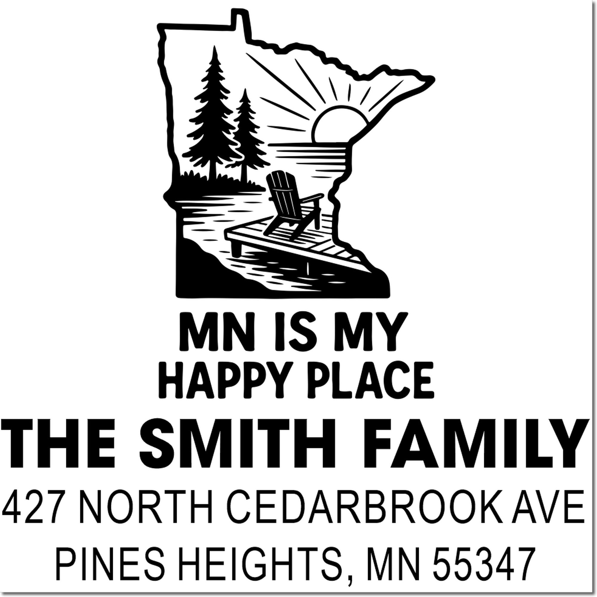 Custom Minnesota personalized return address rubber stamp with lake scene, MN Is My Happy Place, and The Smith Family.