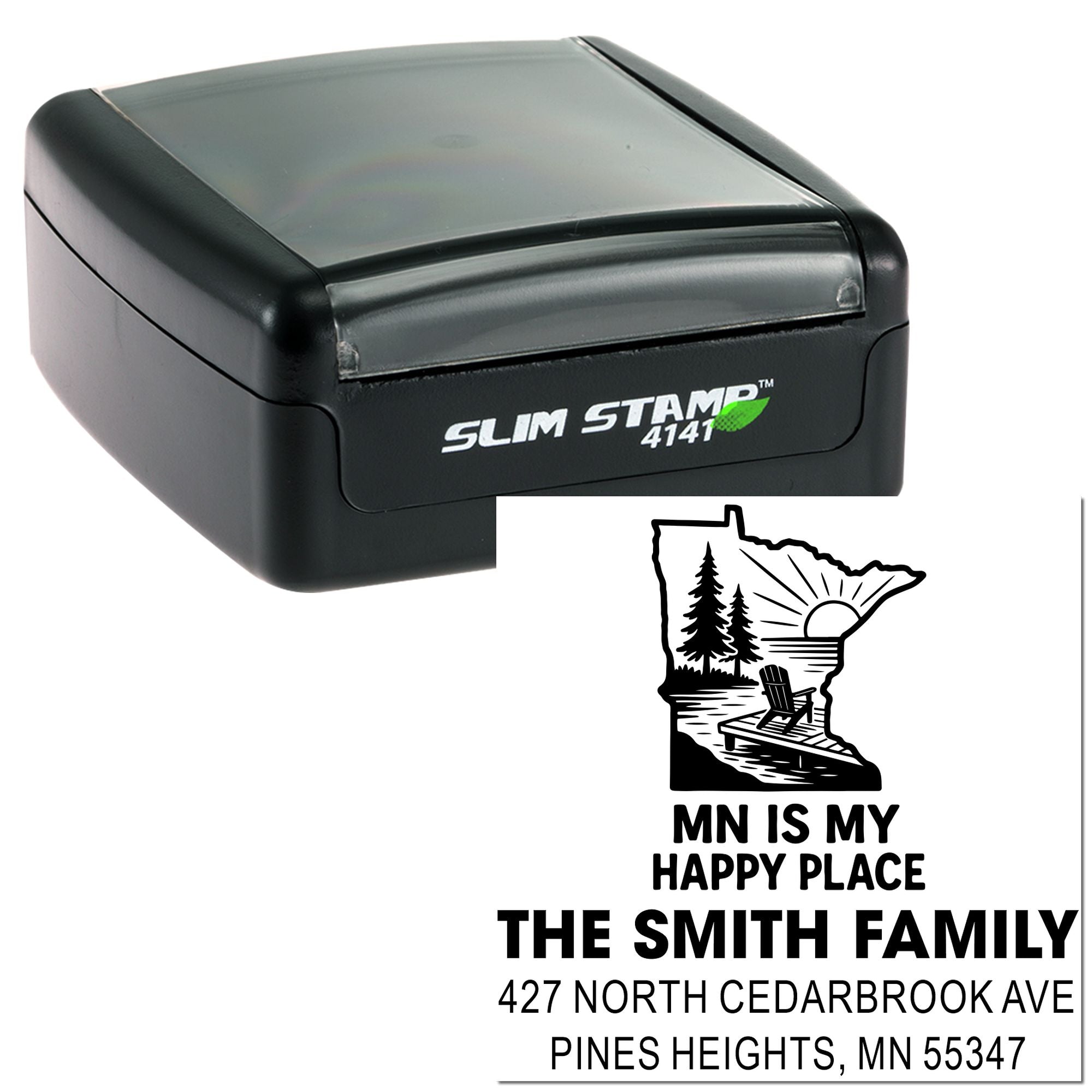 Personalized self-inking rubber stamp with Minnesota return address and custom family design.