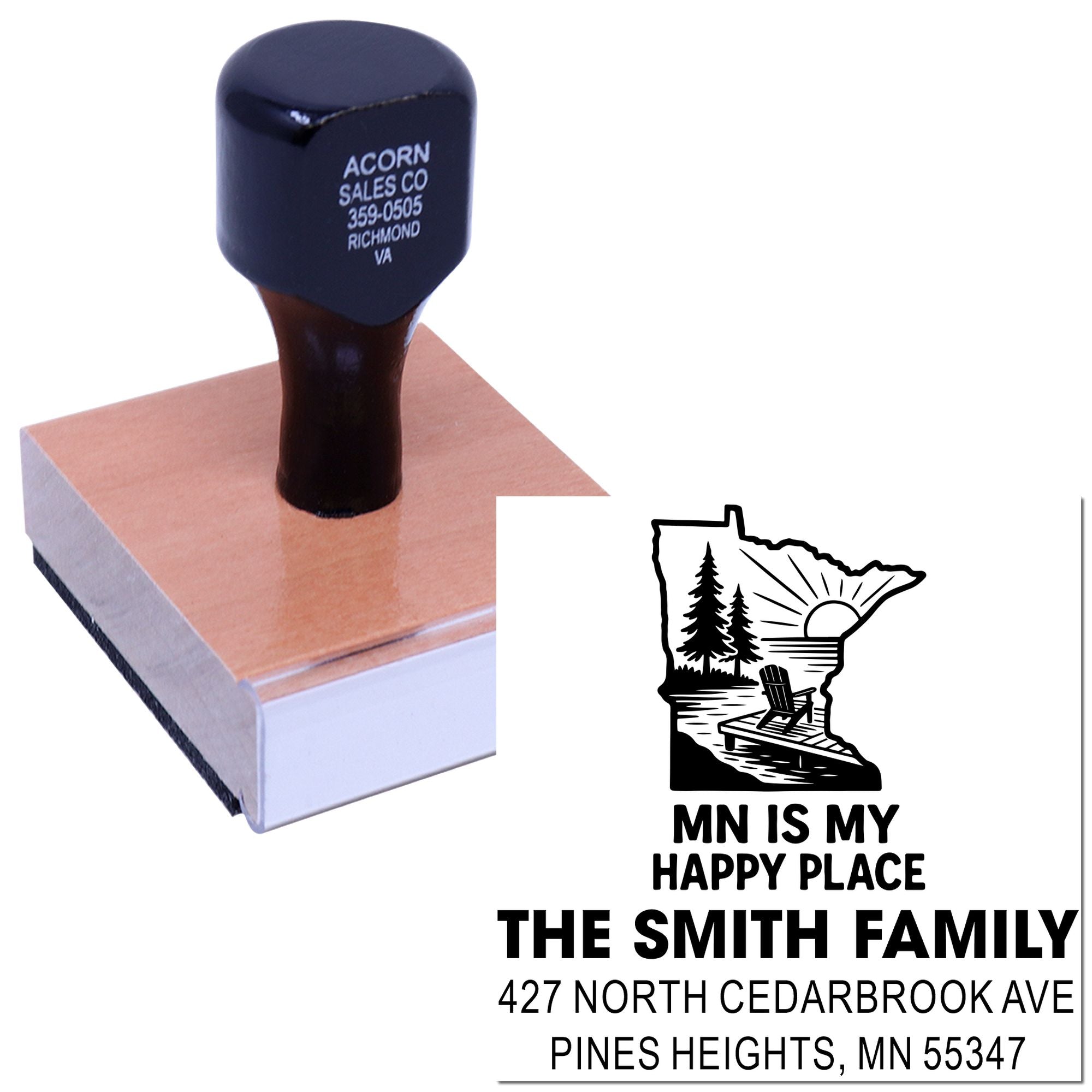 Custom rubber stamp with Minnesota family return address imprint and MN Is My Happy Place design for personalized mailing.