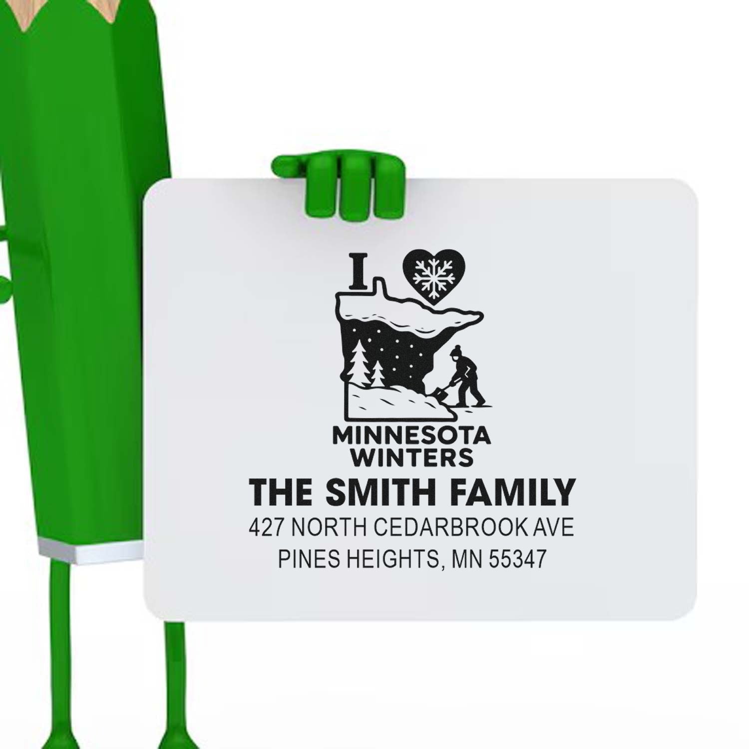 Custom Minnesota winters rubber stamp with Smith family name and address for personalized holiday and winter mailing.