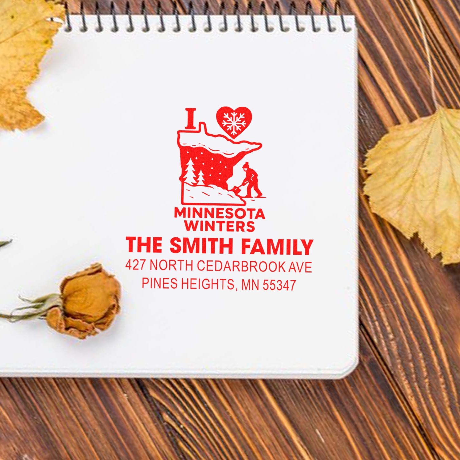 Personalized Minnesota winters return address rubber stamp with family name and address for holiday mail and gifts