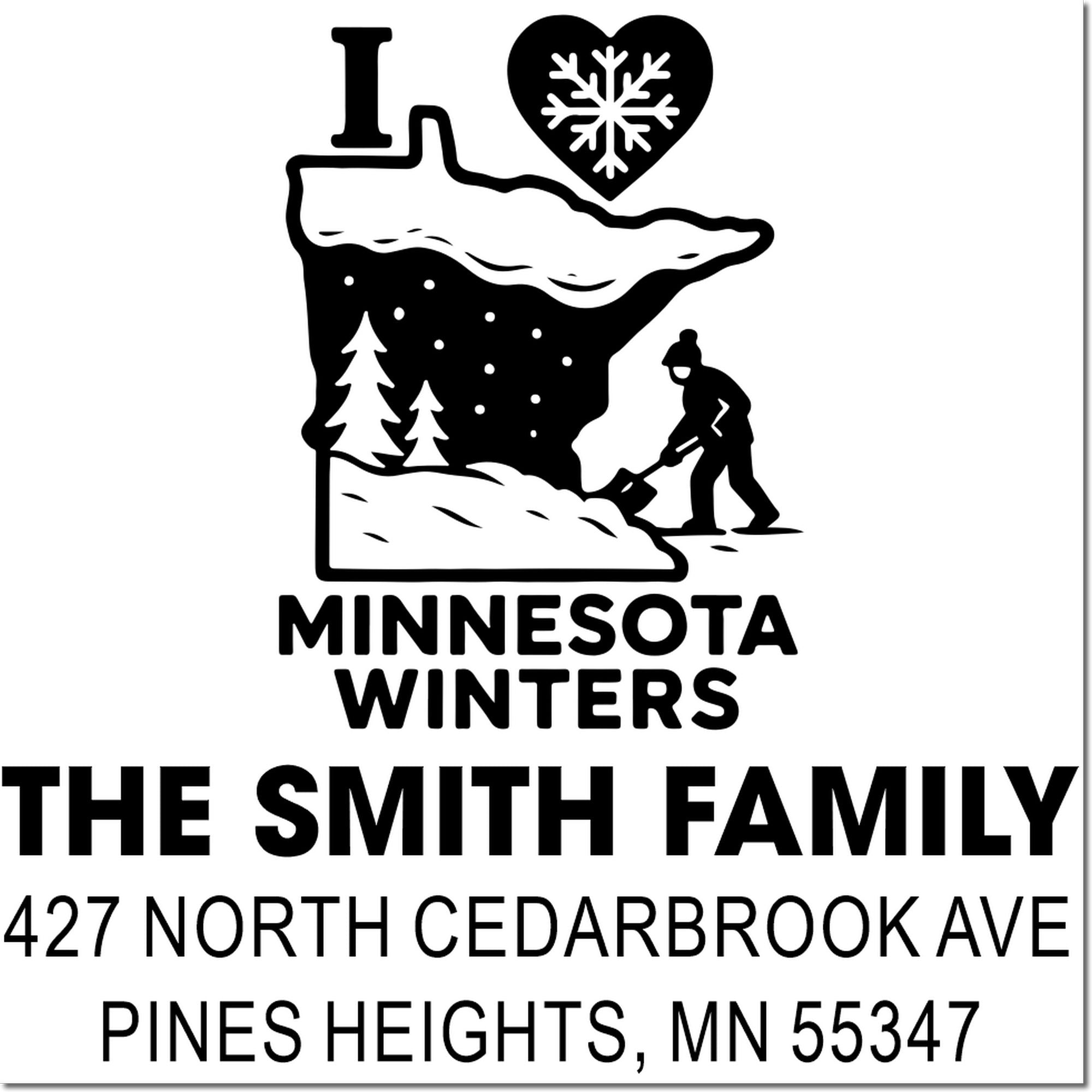 Custom Minnesota winter family return address rubber stamp with snow shovel scene, The Smith Family, Pines Heights, MN
