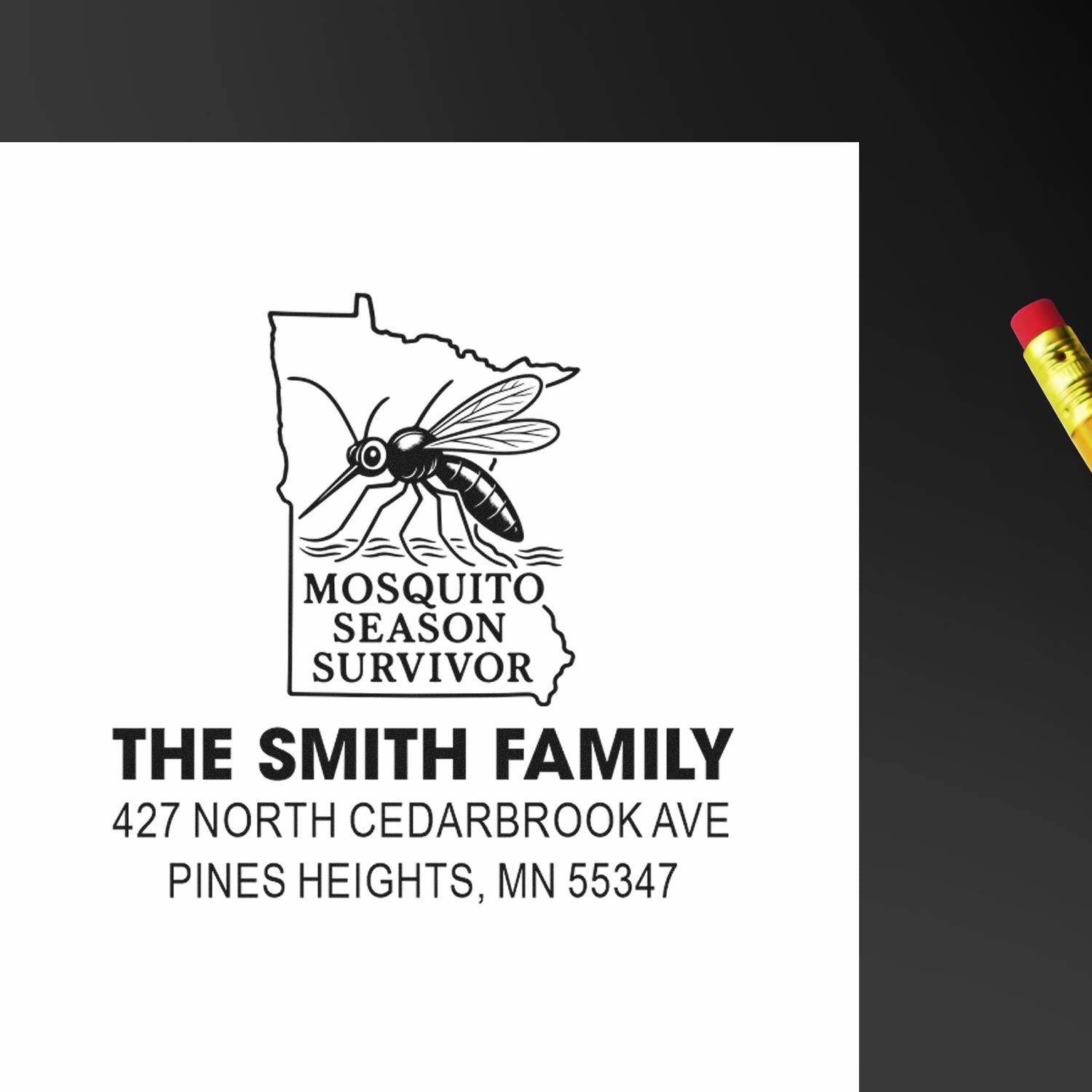 Personalized return address rubber stamp with Minnesota mosquito season survivor design for The Smith Family.