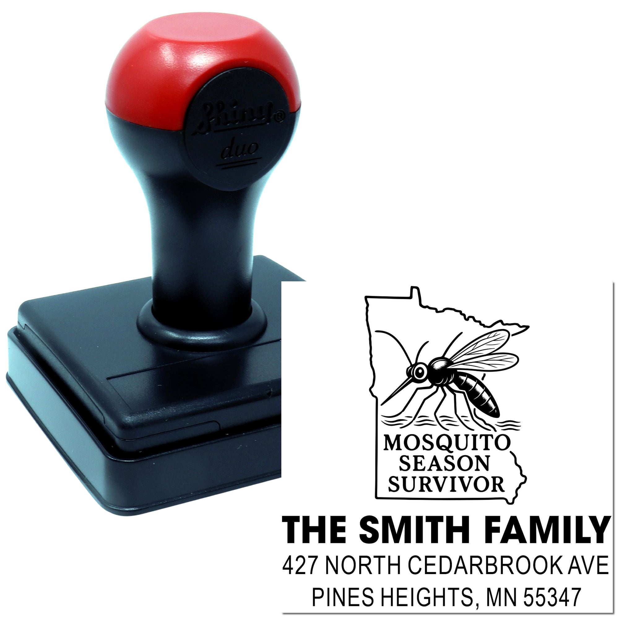 Custom self-inking rubber stamp with Mosquito Season Survivor design and Smith family address imprint.