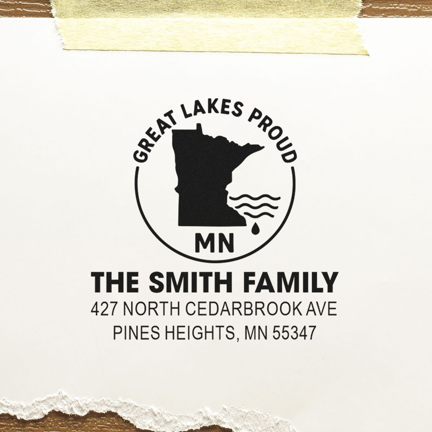 Custom Great Lakes Proud Minnesota return address rubber stamp for The Smith Family, Pines Heights MN