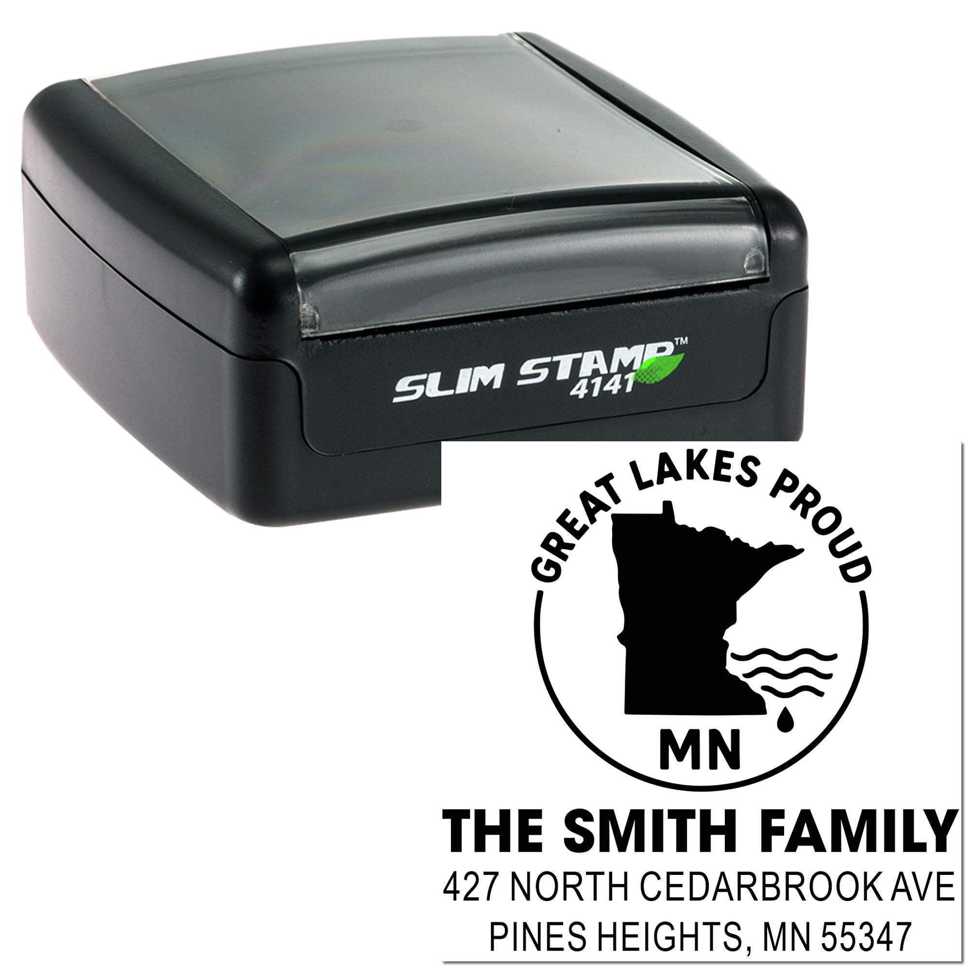 Custom self-inking rubber stamp with Minnesota Great Lakes Proud family return address design for mailing labels.