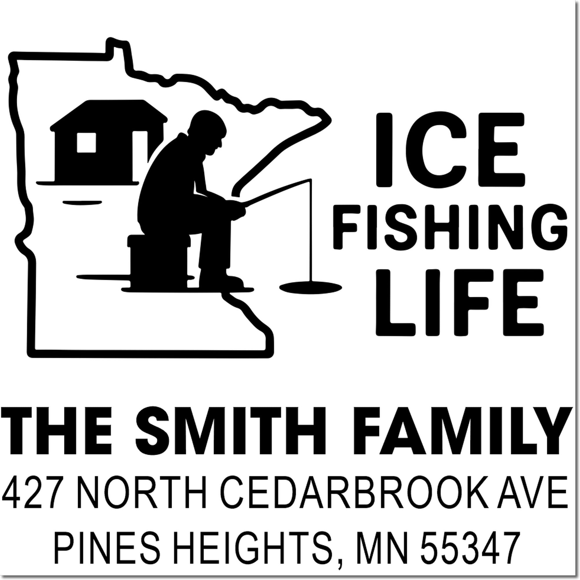 Personalized Minnesota ice fishing life address stamp for The Smith Family, with home icon and full mailing address.