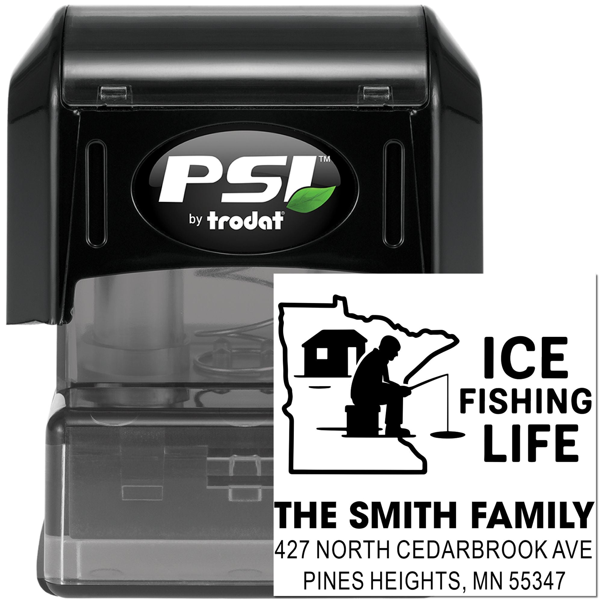 Custom self-inking rubber stamp by PSI Trodat with Ice Fishing Life design and personalized Smith family address imprint.