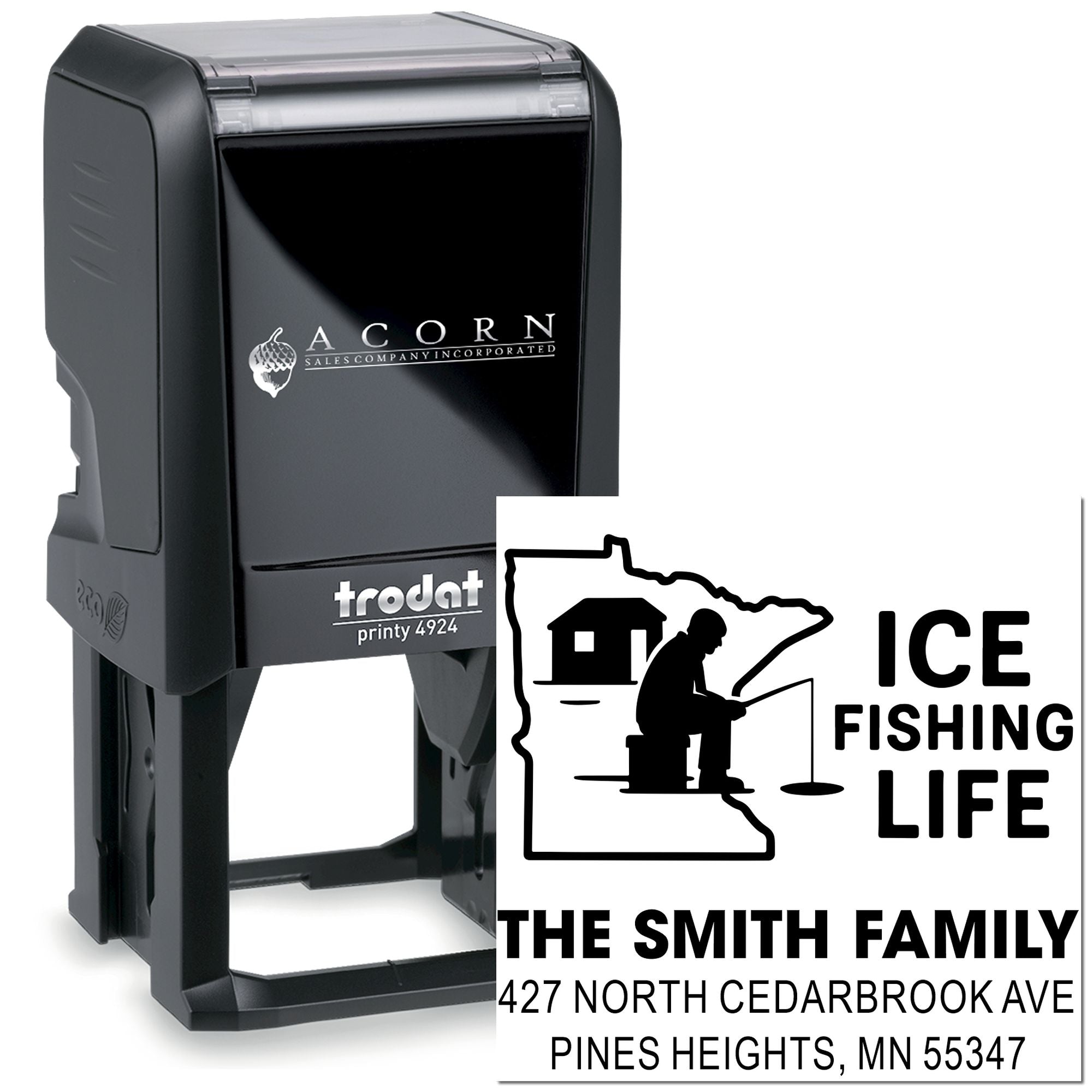 Custom Trodat self-inking rubber stamp with Ice Fishing Life family address design for personalized mailing
