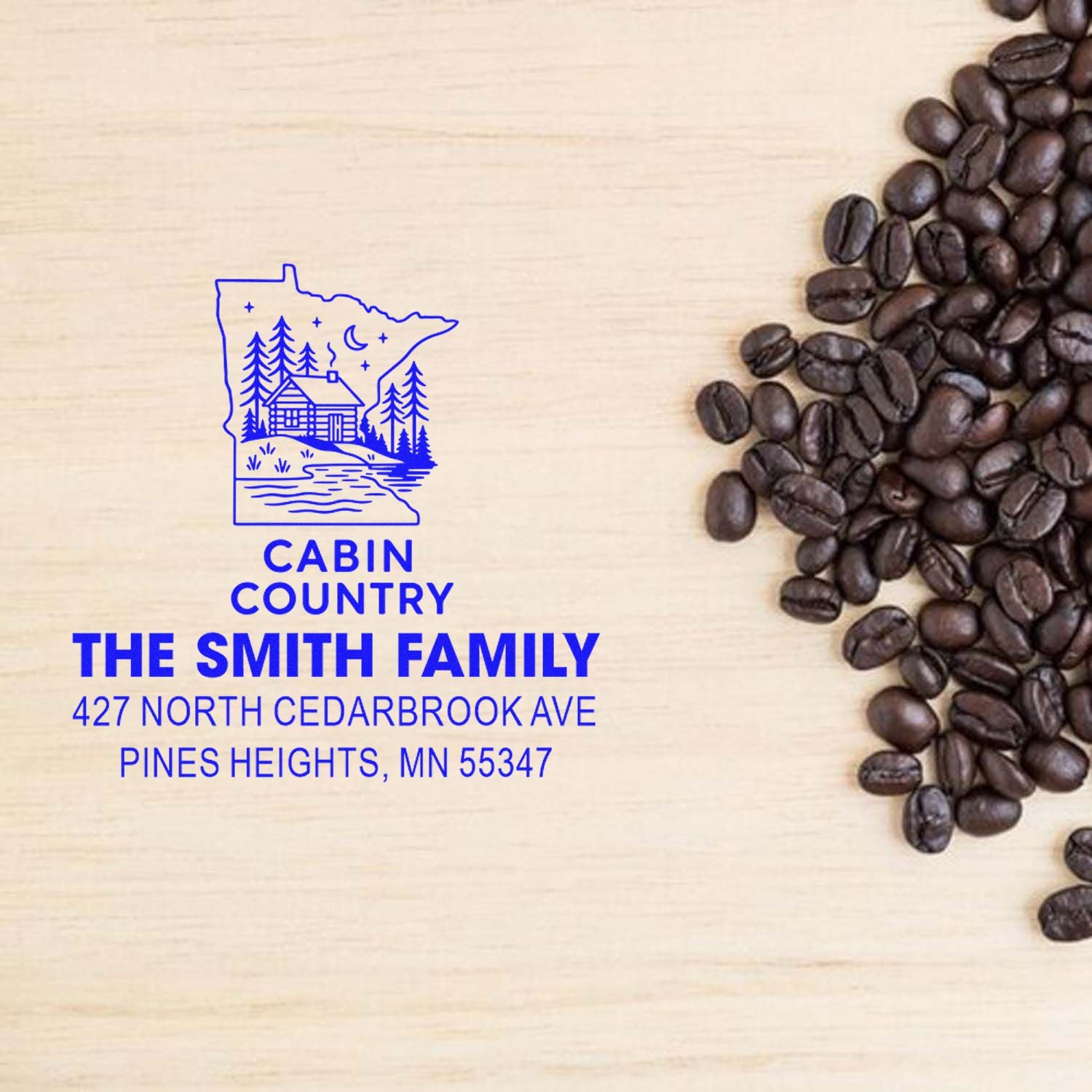 Custom cabin country return address rubber stamp for The Smith Family with Minnesota home design and address details.