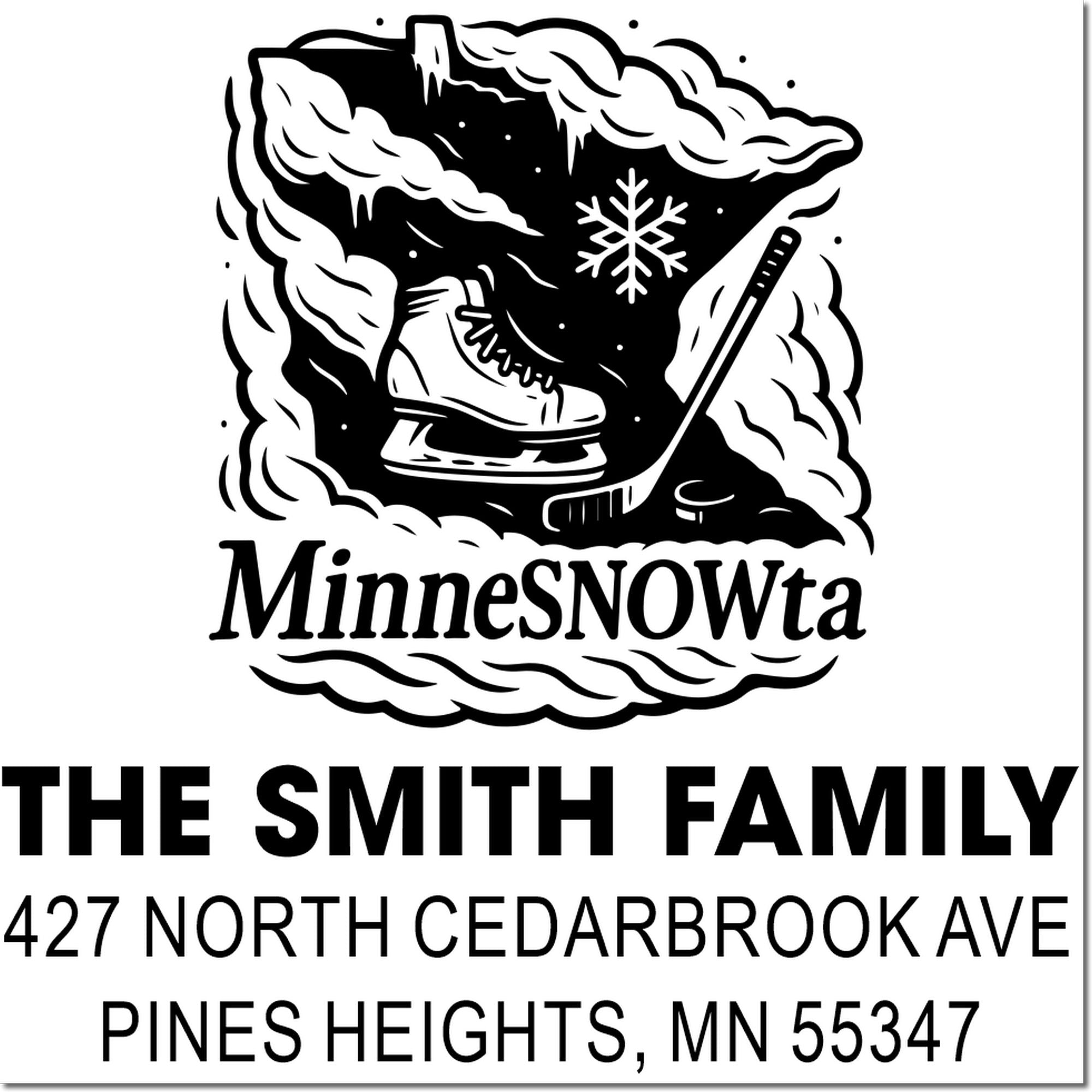 Custom Smith family address rubber stamp with Minnesota hockey snow design, MineSNOWta logo, and Pine Heights address.