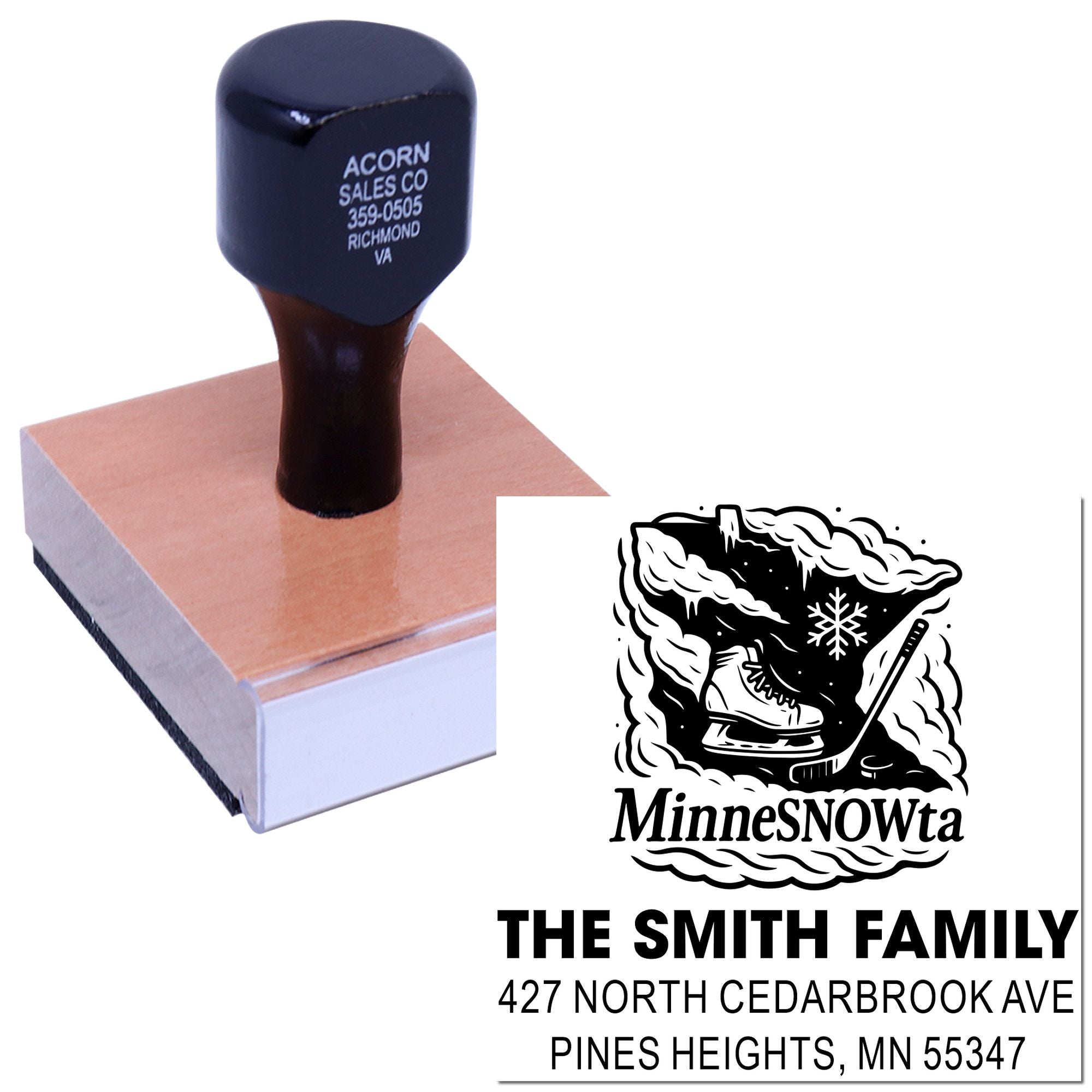 Custom rubber return address stamp with Minnesota winter logo and personalized family name and address.