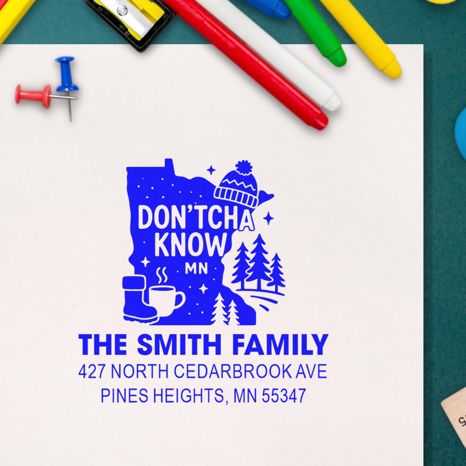 Personalized rubber address stamp for The Smith Family, featuring a Minnesota-themed design and return address.