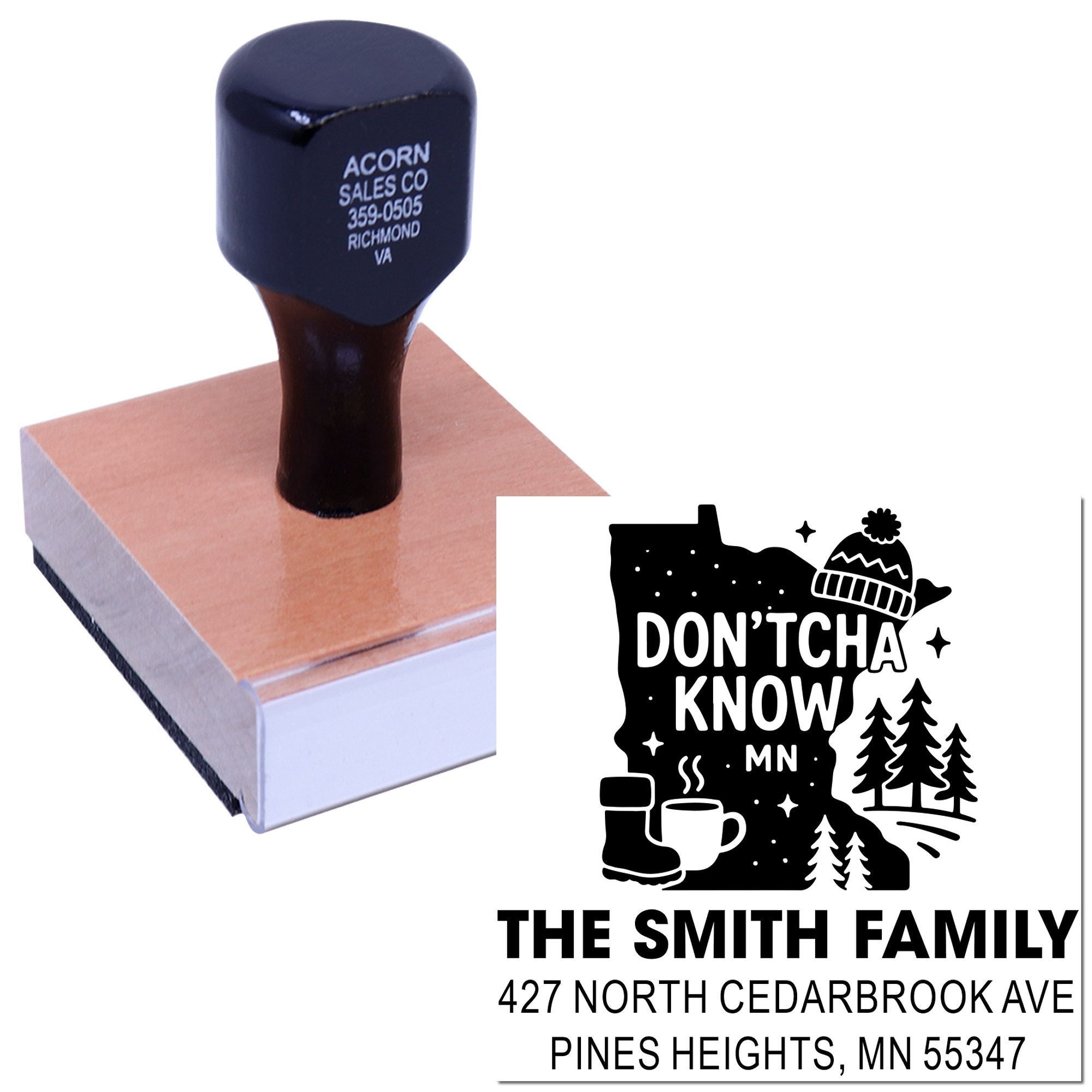 Personalized Minnesota return address rubber stamp with family cabin design and custom name and address.