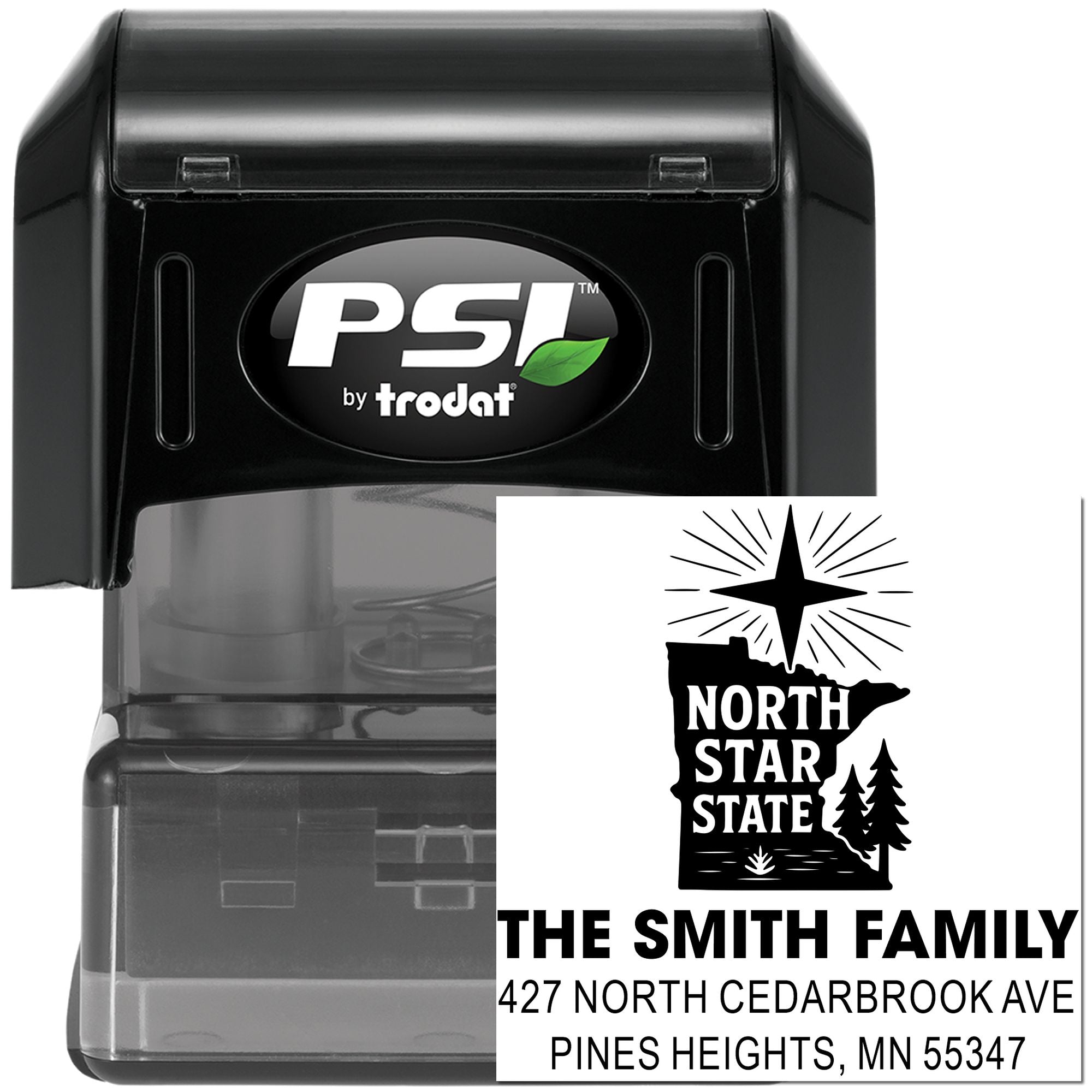 PSI by Trodat self-inking rubber stamp with custom North Star State family return address design for mailing and branding