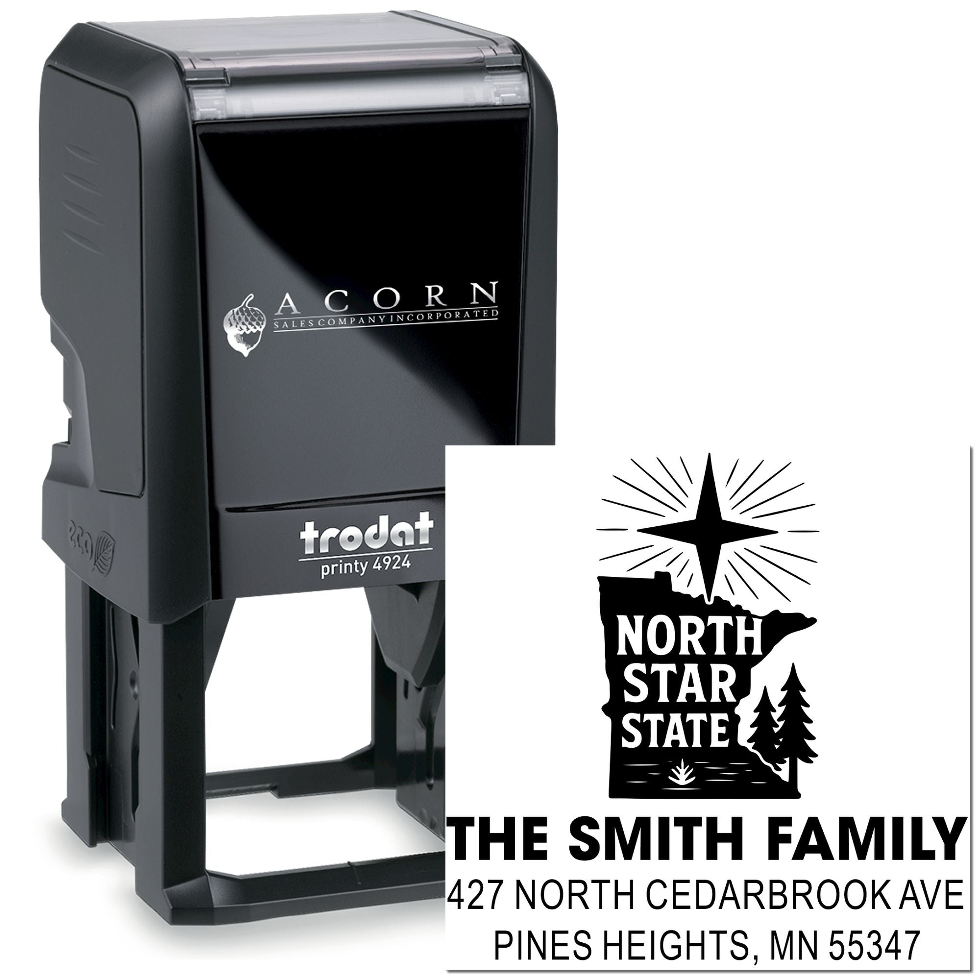 Trodat Printy 4924 custom self-inking address stamp for The Smith Family with North Star State return address design.
