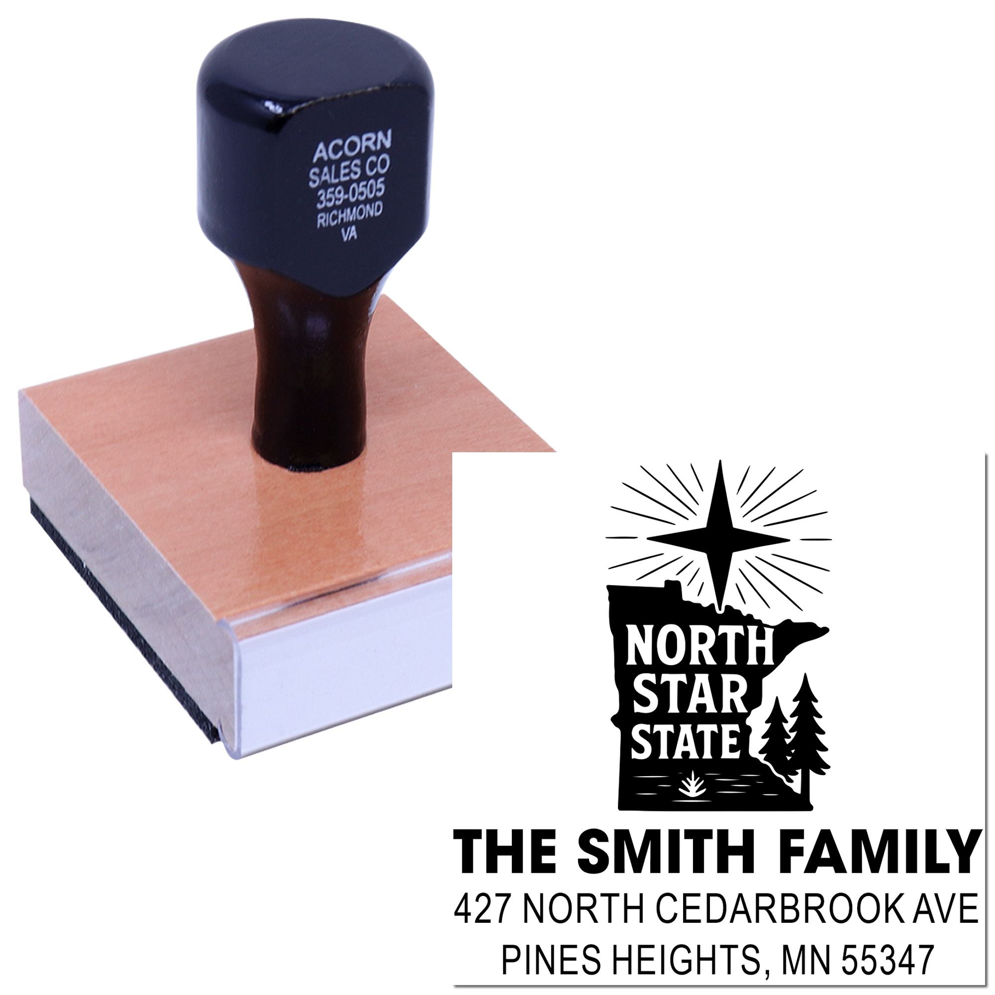 Custom rubber address stamp with North Star State design for The Smith Family, 427 North Cedarbrook Ave, Pines Heights, MN