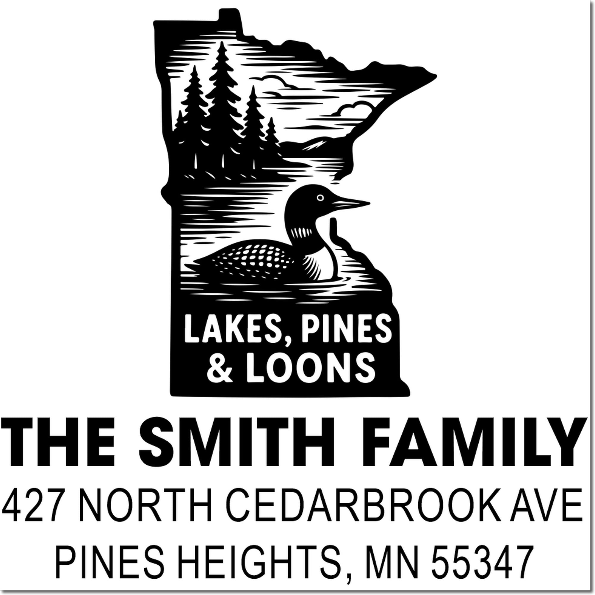 Custom Minnesota return address rubber stamp for The Smith Family with lakes, pines and loon design.