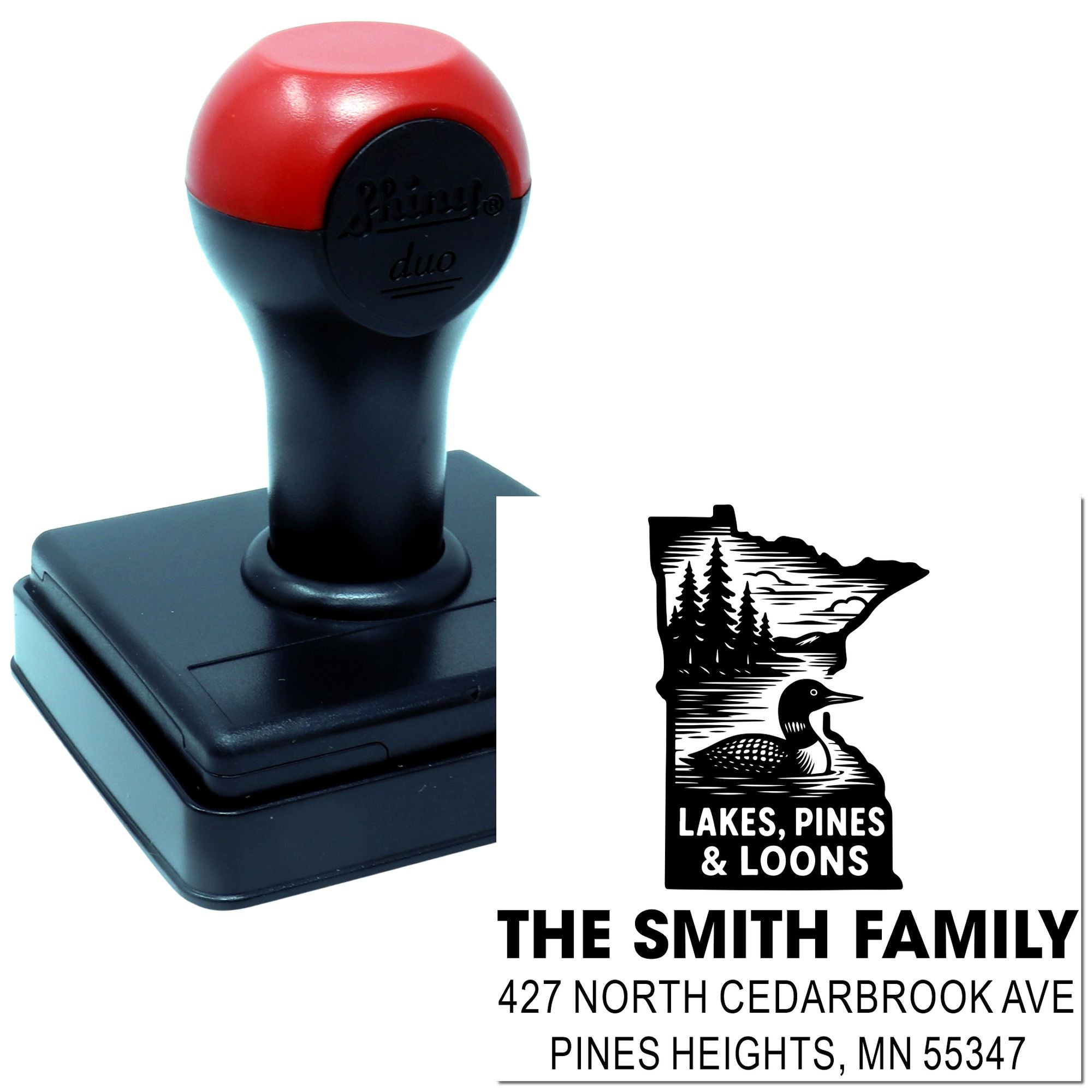 Custom self-inking rubber stamp with Minnesota lakes, pines and loons design for personalized family return address printing.