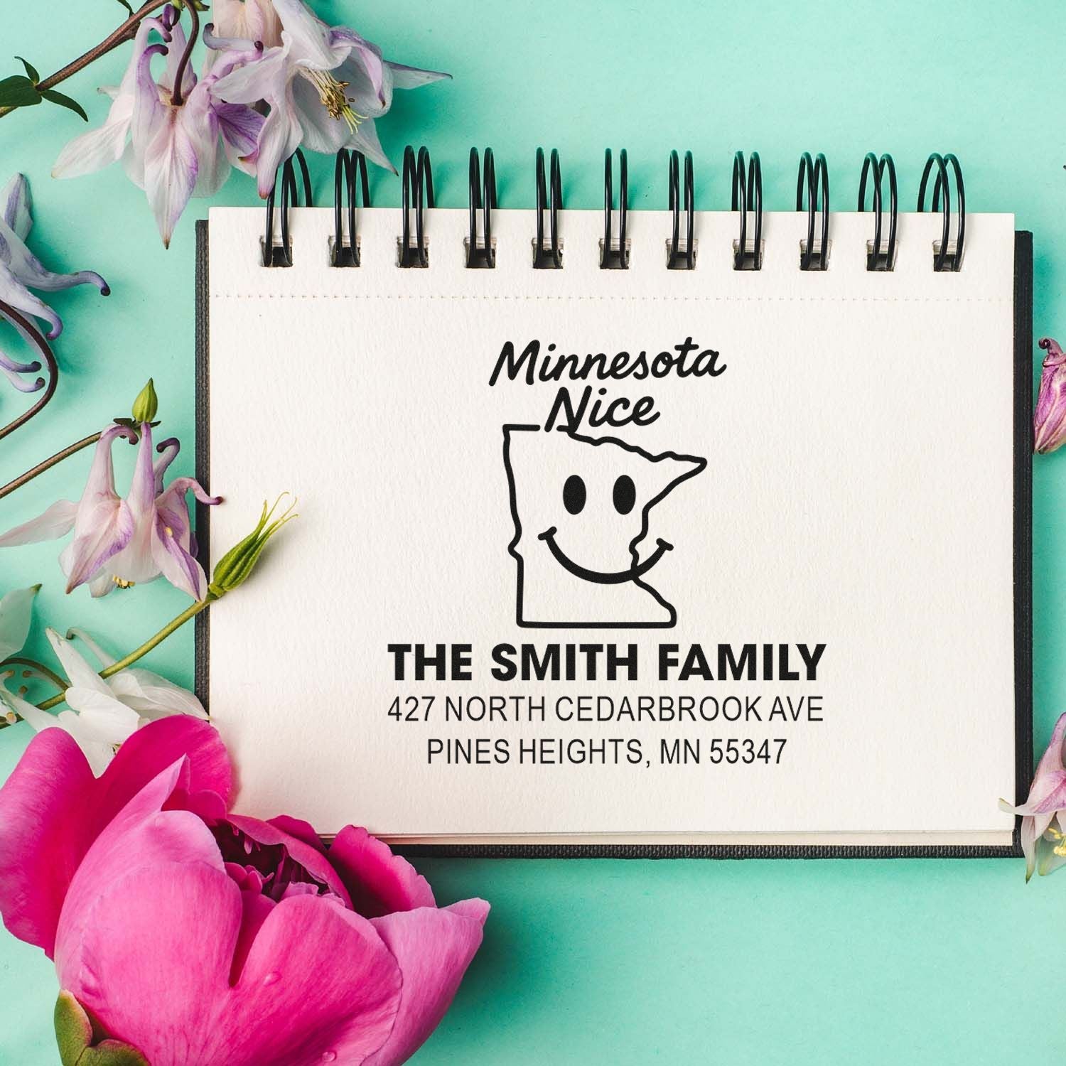 Personalized Minnesota family return address rubber stamp with state outline, The Smith Family name, and address.