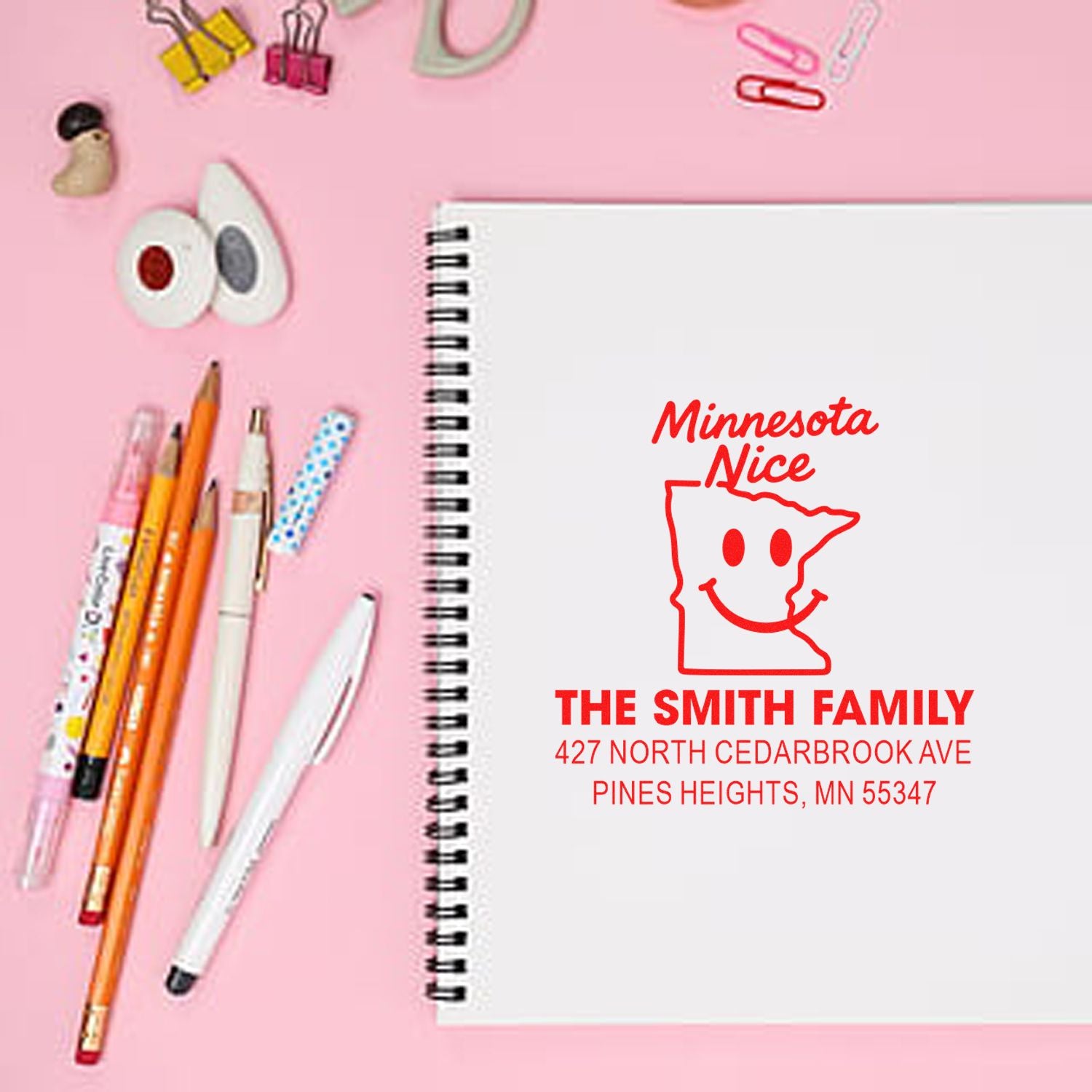 Custom Minnesota Nice return address rubber stamp with The Smith Family and Pines Heights, MN address.