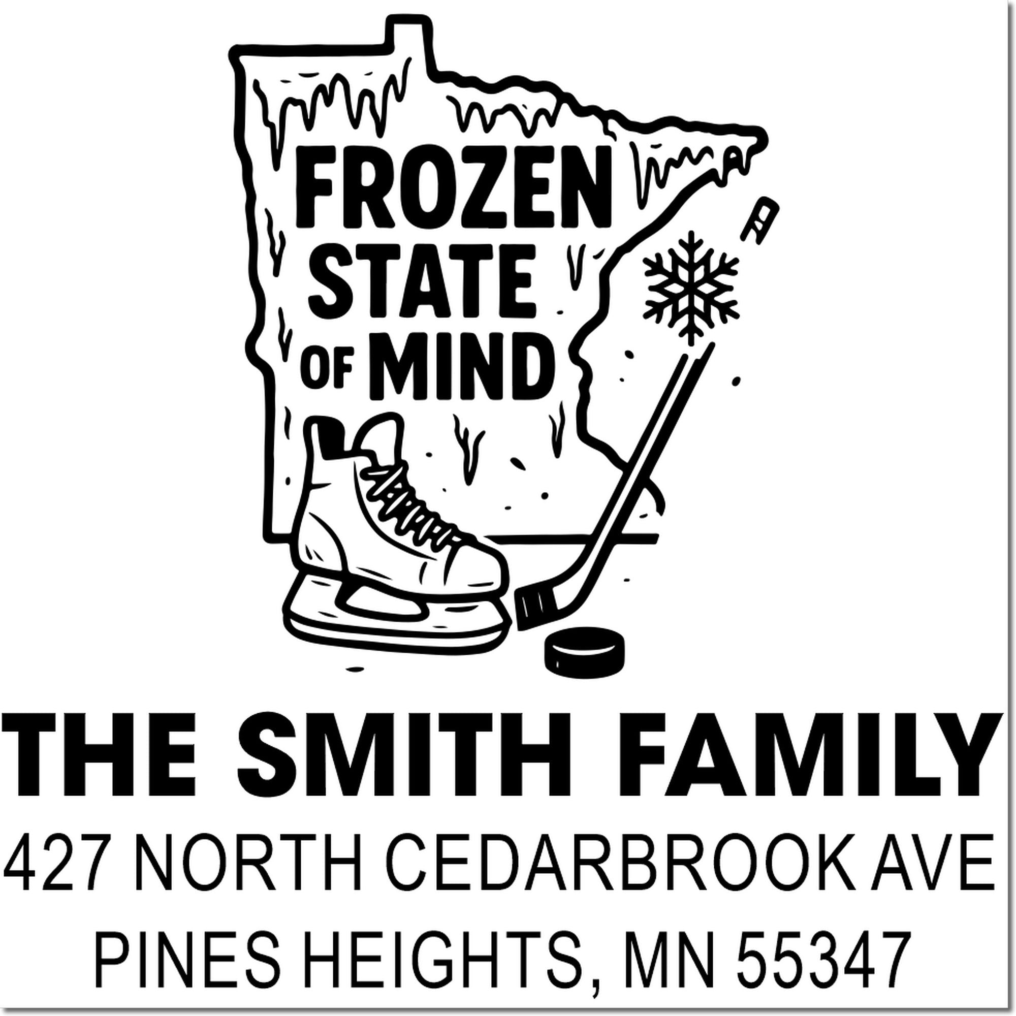 Custom return address rubber stamp for the Smith family, featuring Minnesota hockey art and a Frozen State of Mind design.