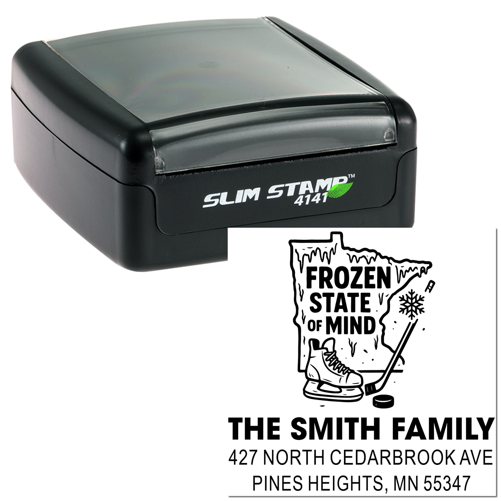 Custom self-inking rubber stamp with Minnesota hockey design, family name, and return address imprint.