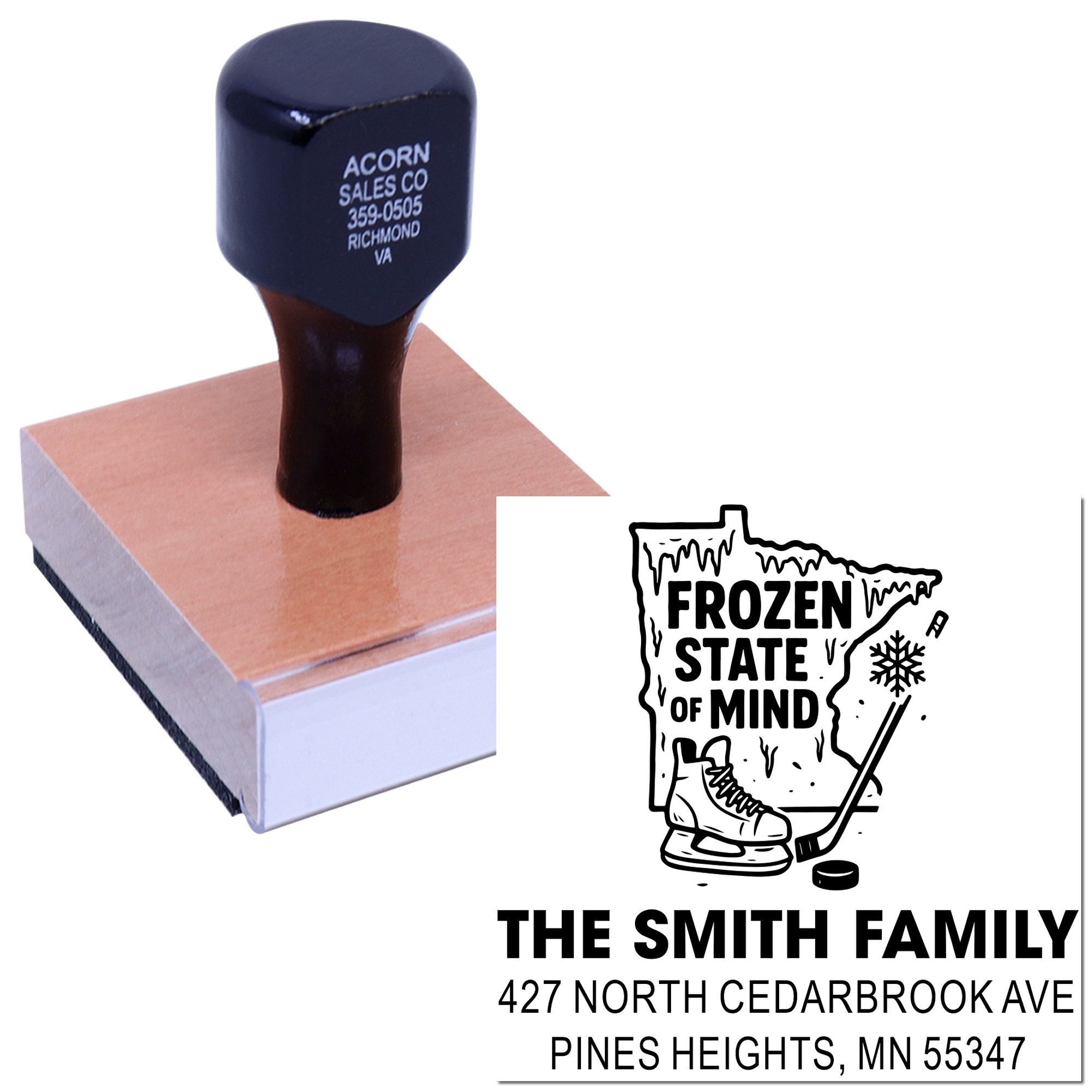 Custom hockey-themed return address rubber stamp for The Smith Family, featuring Frozen State of Mind design.