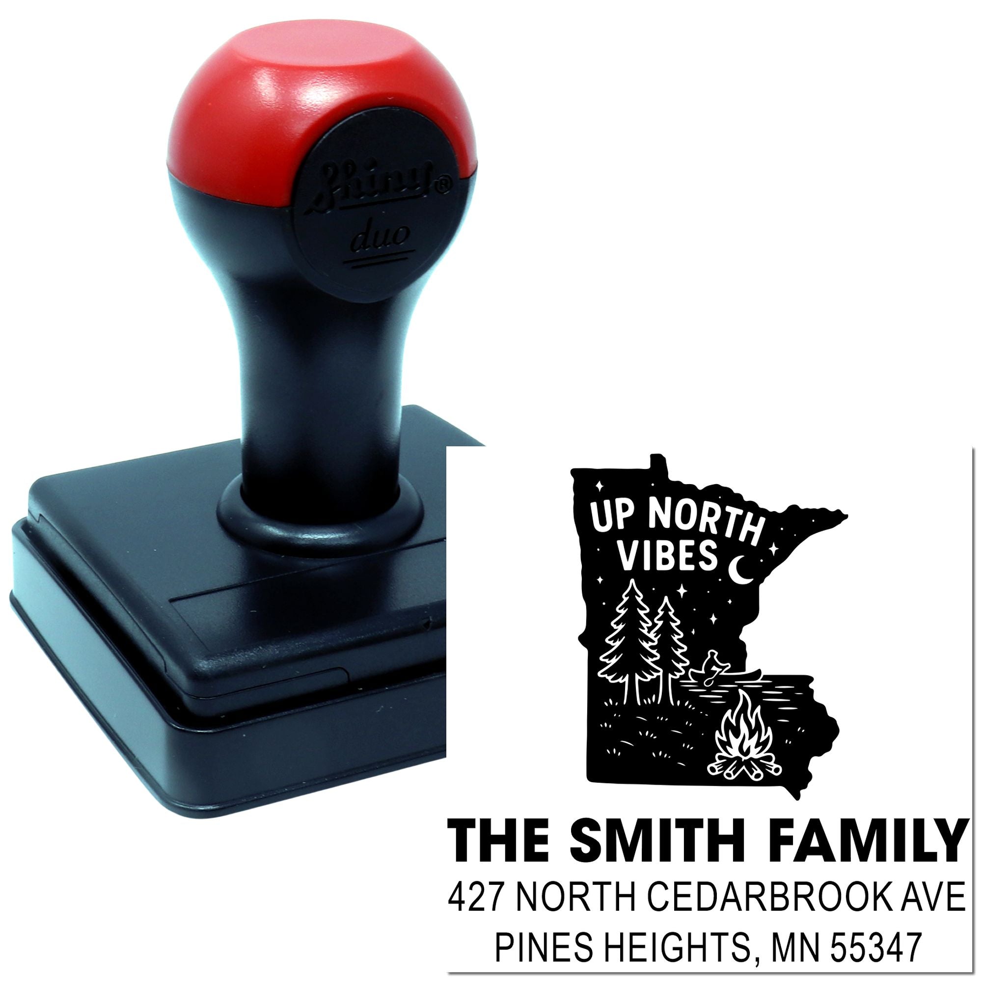 Custom self-inking return address rubber stamp with Minnesota Up North Vibes design for The Smith Family