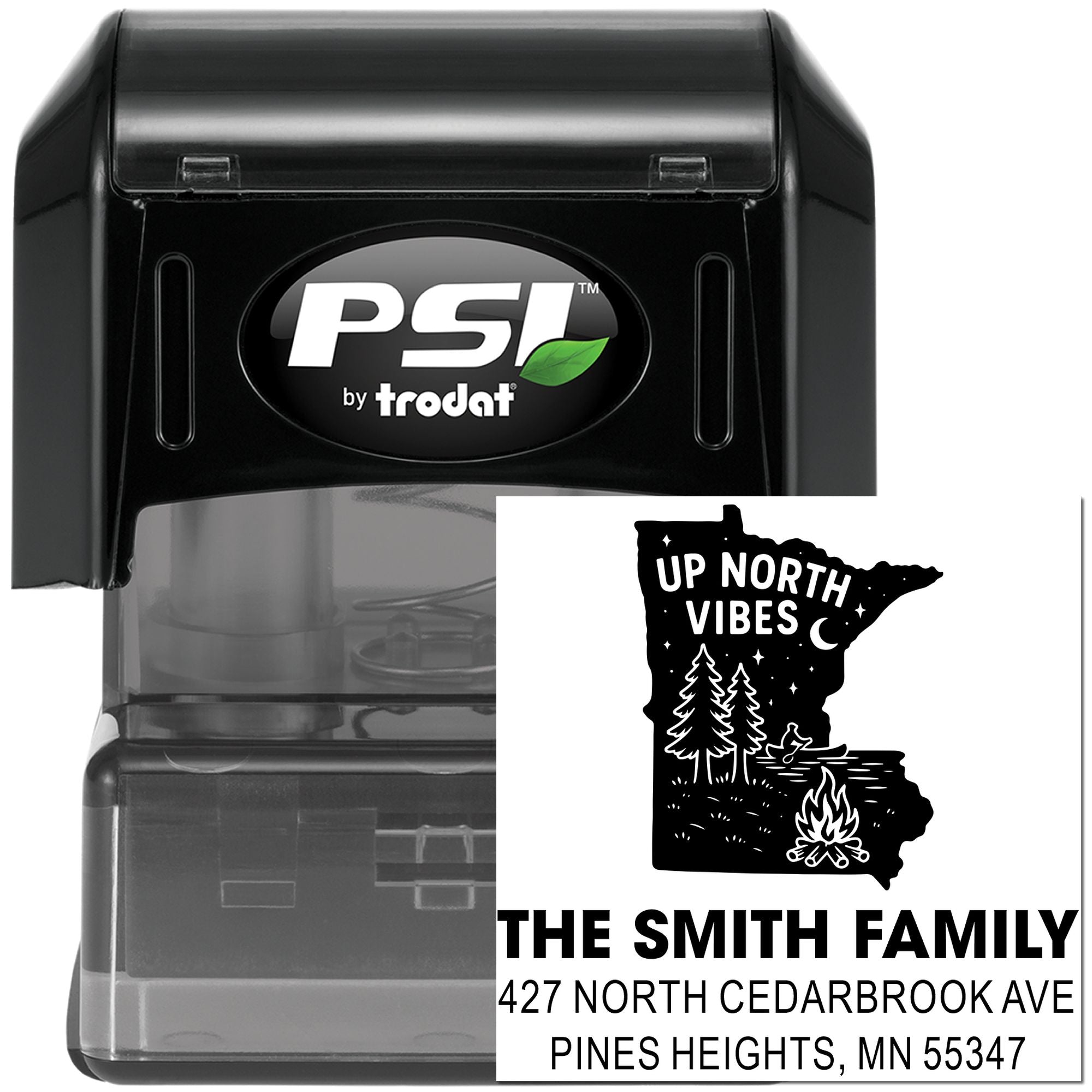 Custom self-inking address stamp with Minnesota Up North Vibes design, The Smith Family name, and return address.