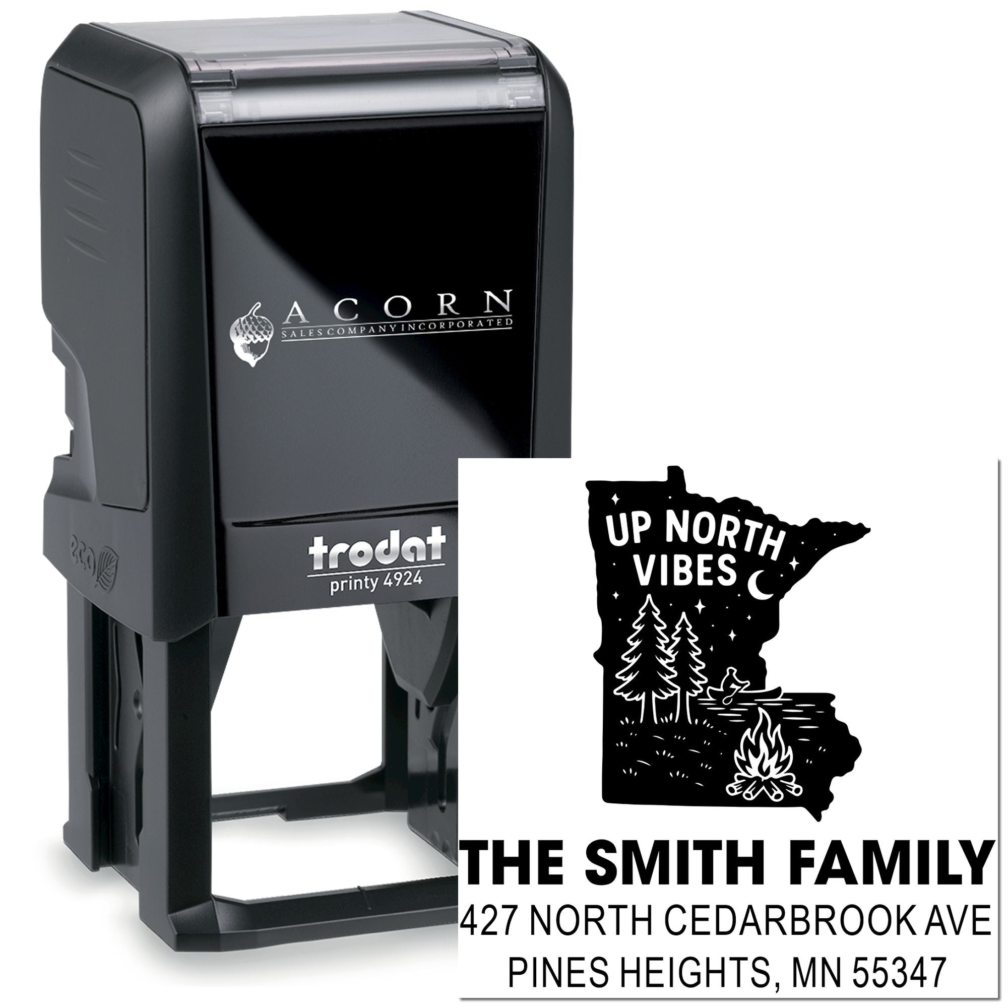 Custom self-inking rubber stamp featuring Minnesota Up North Vibes family address design for personalized mailings.