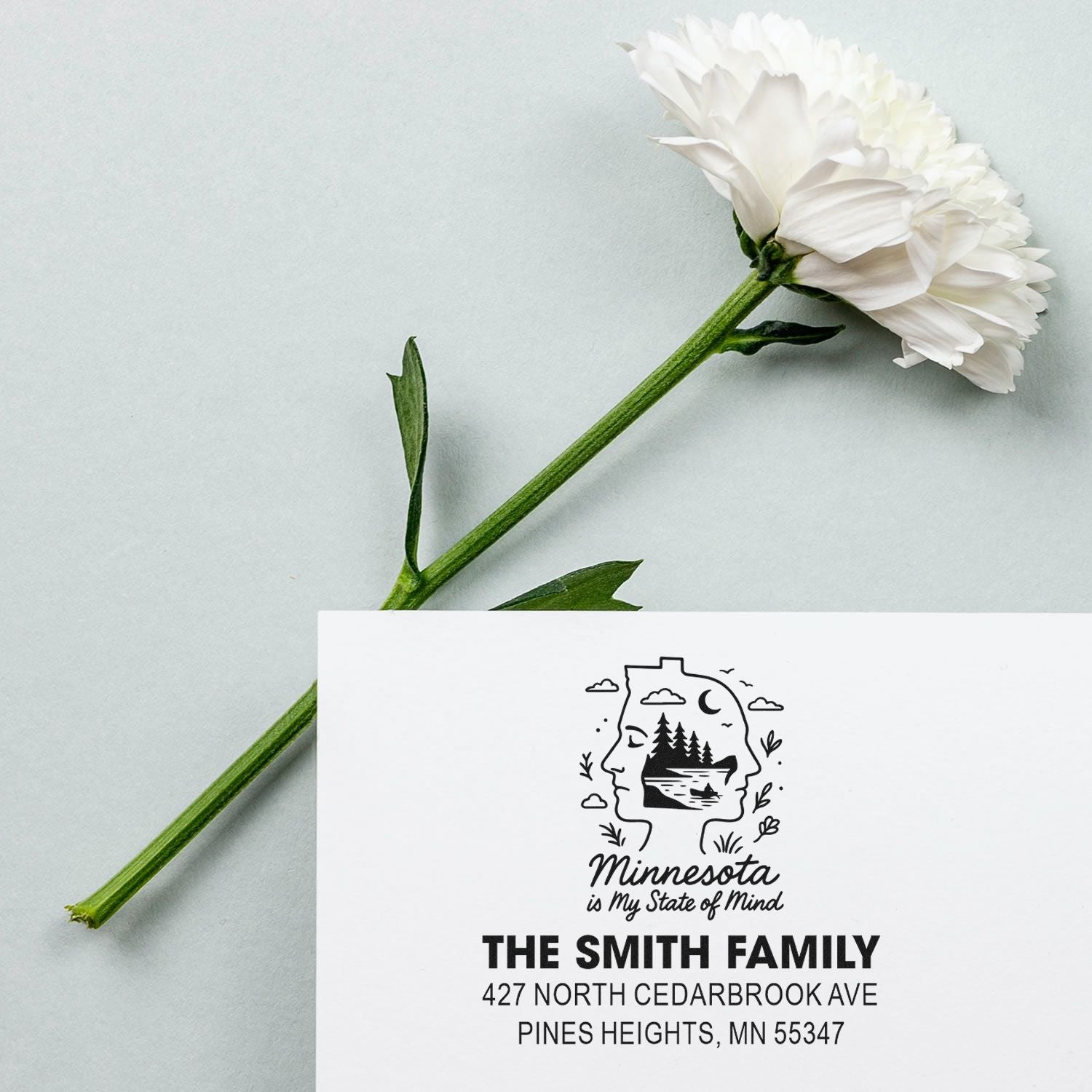 Custom Minnesota family return address rubber stamp for personalized stationery, envelopes, and wedding thank-you cards.