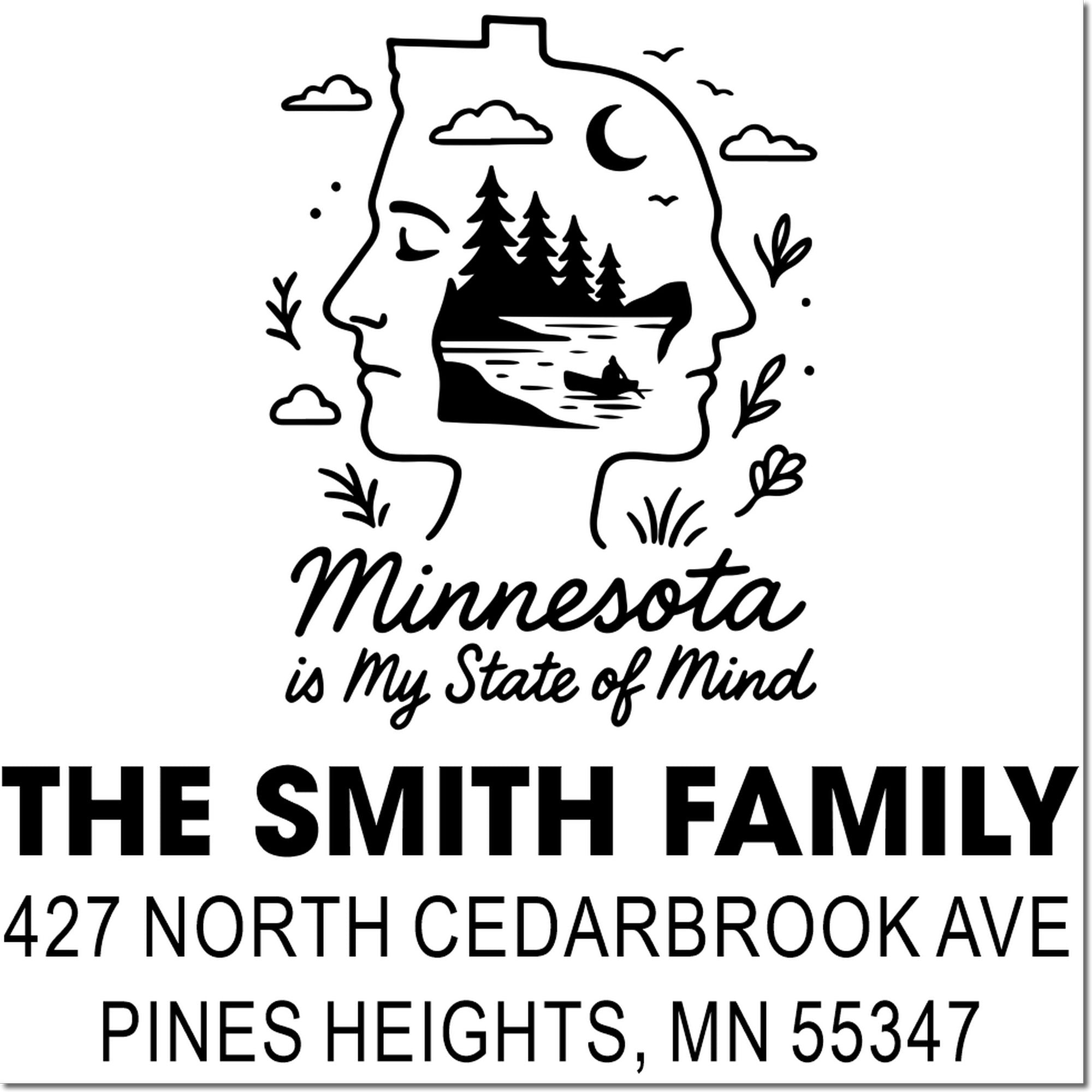 Custom Minnesota return address rubber stamp with state outline and Minnesota Is My State of Mind design for personalized mail.