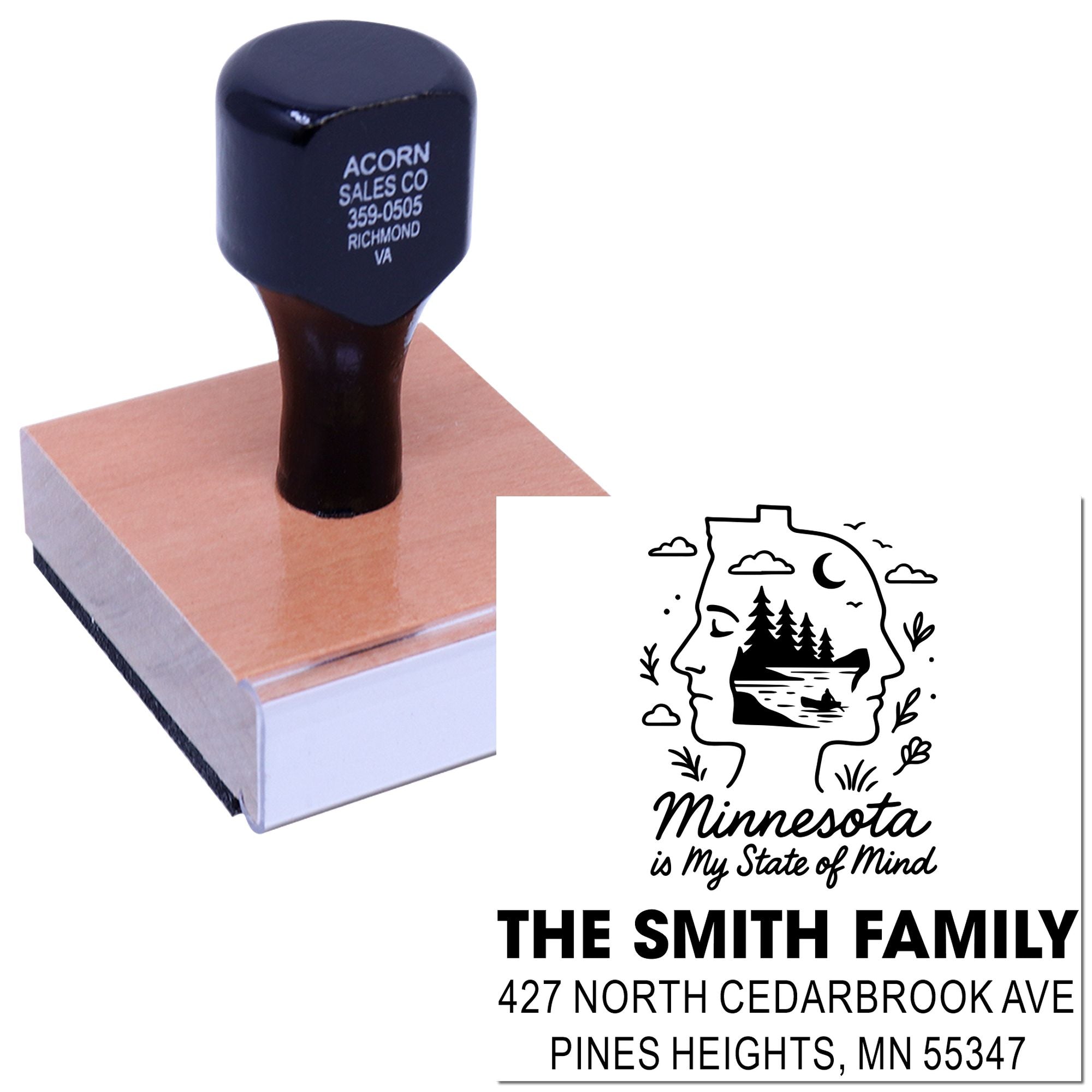 Custom Minnesota return address rubber stamp with family name, address, and state design for personalized mailing.