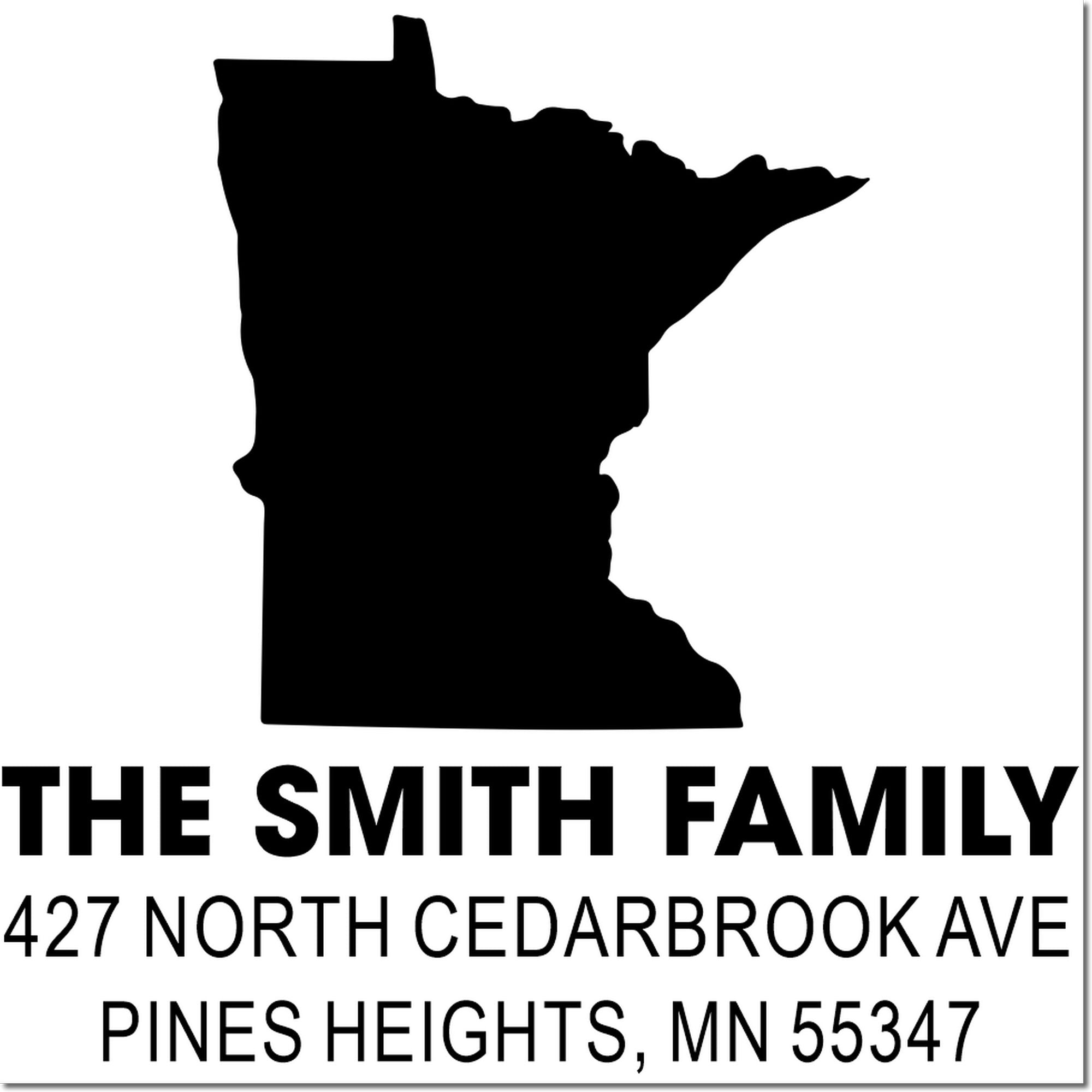 Custom Minnesota return address rubber stamp for The Smith Family, 427 North Cedarbrook Ave, Pines Heights, MN 55347