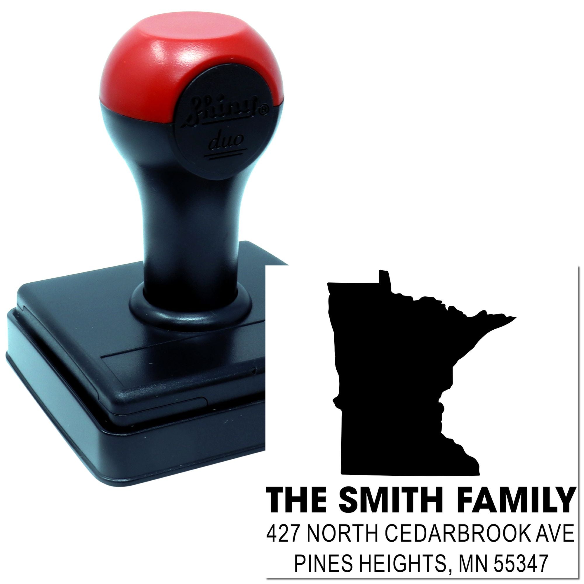 Custom self-inking address rubber stamp for The Smith Family, with Minnesota silhouette and Pines Heights, MN return address.