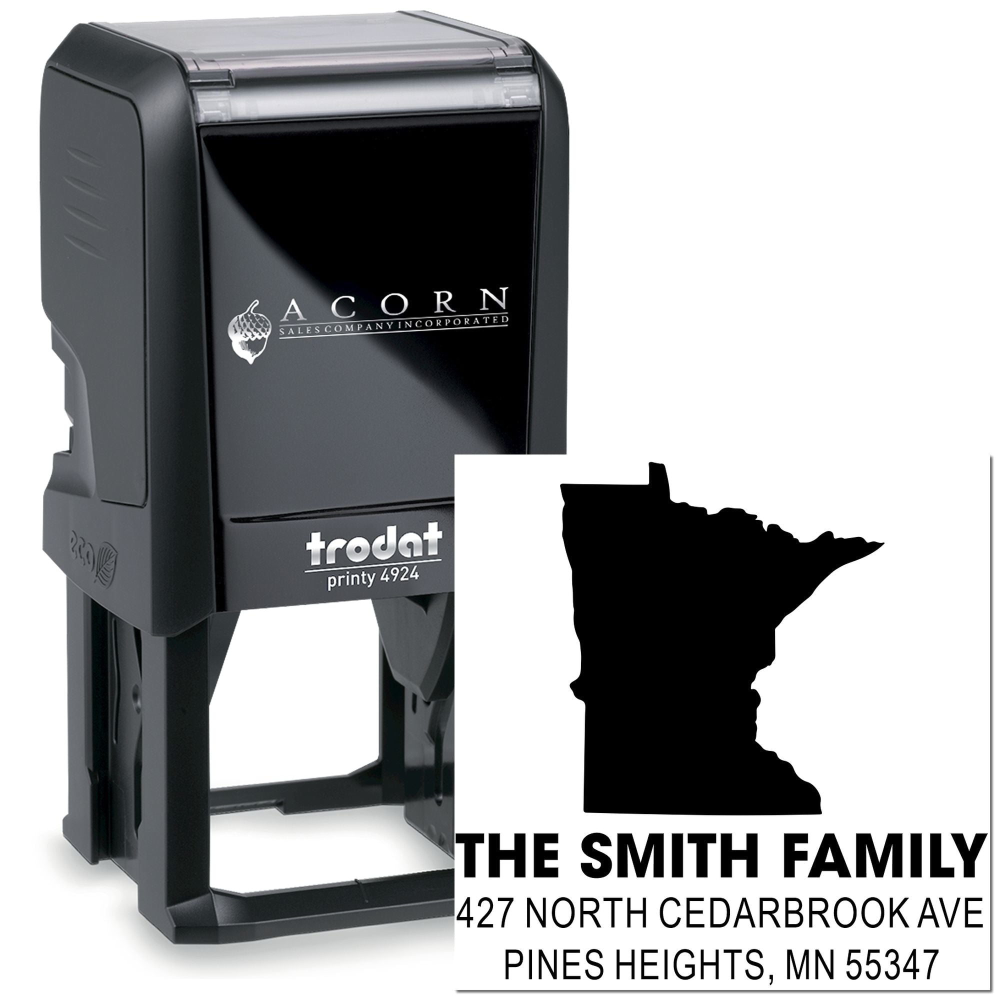 Custom self-inking rubber address stamp for The Smith Family with Minnesota state outline and return address.