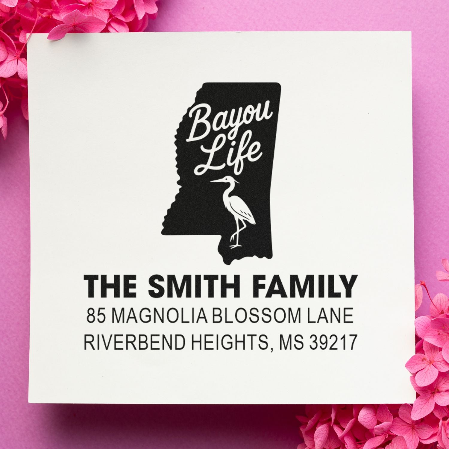 Custom rubber address stamp featuring Mississippi Bayou Life heron design for The Smith Family.