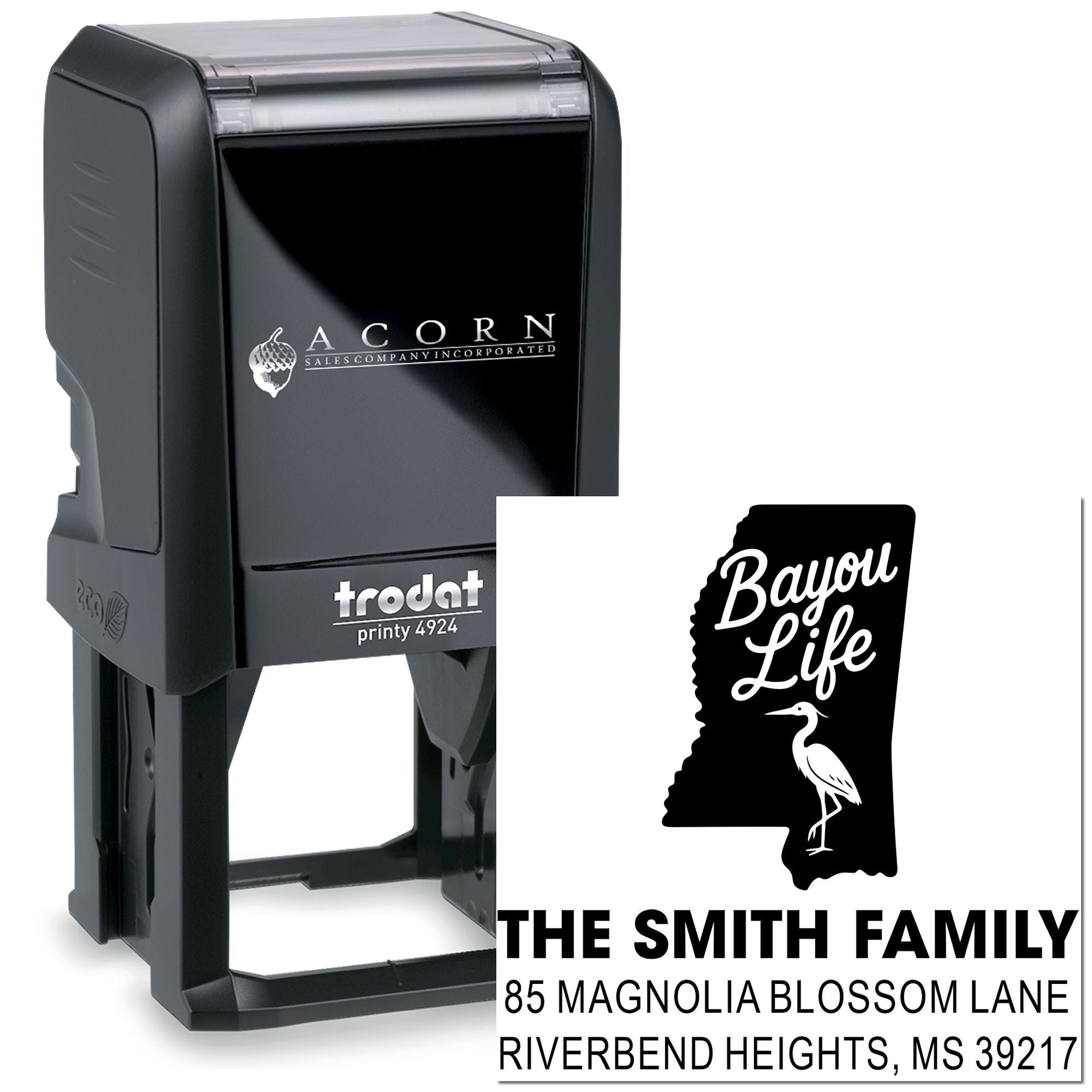 Custom self-inking rubber address stamp with Bayou Life Louisiana design and Smith family return address, Trodat Printy 4924.