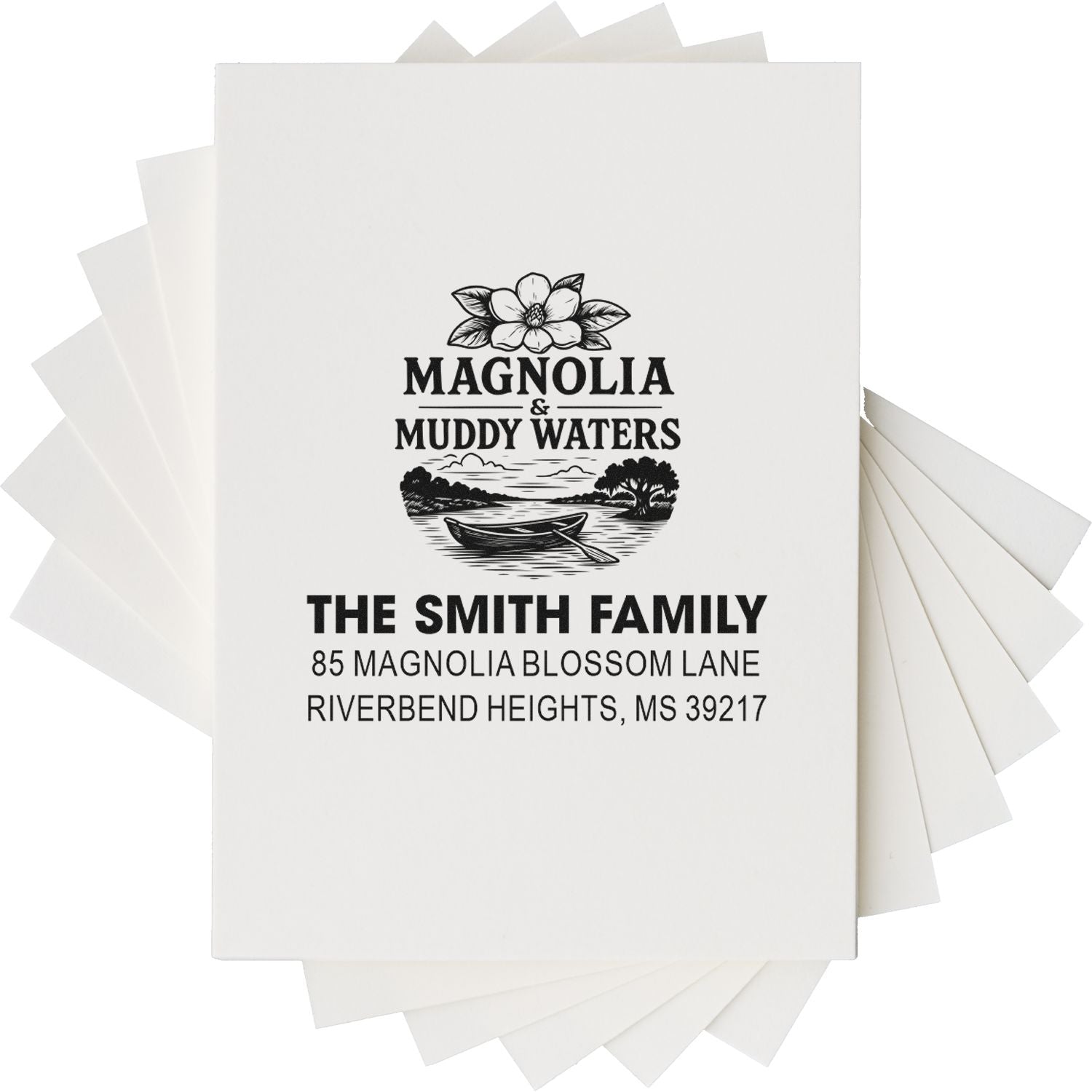 Custom family return address rubber stamp with Magnolia & Muddy Waters design, name, and address on folded cards