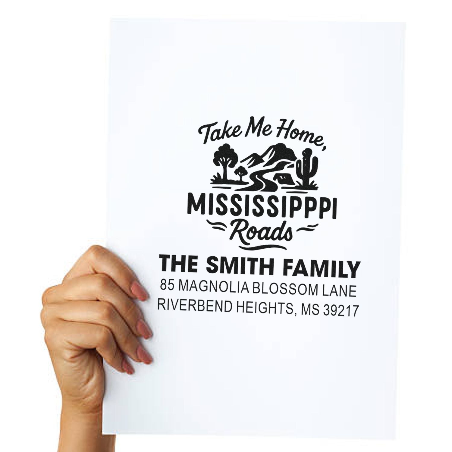 Custom Mississippi Roads return address rubber stamp for The Smith Family with scenic travel design.