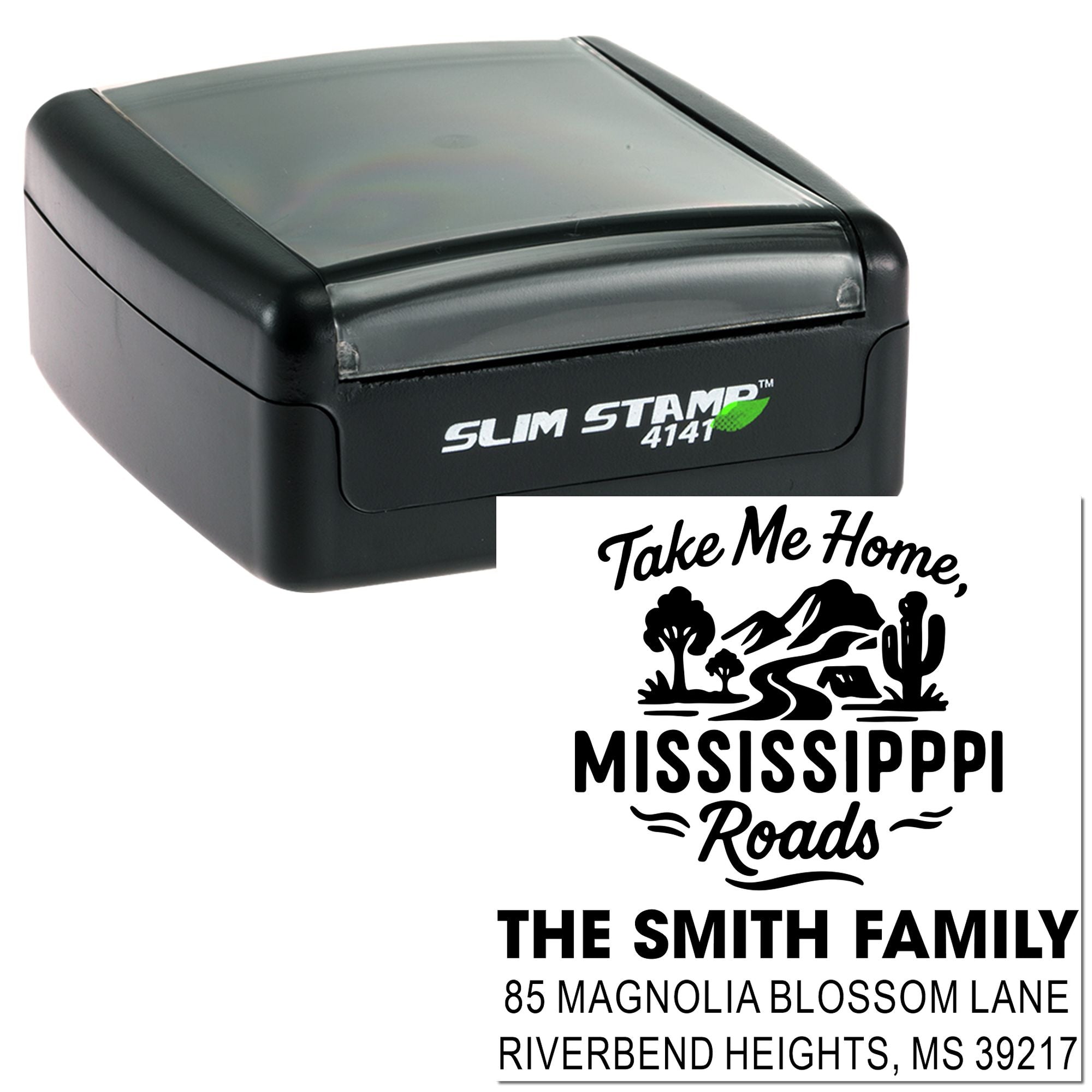 Self-inking rubber stamp with custom Mississippi Roads return address design for family mail, envelopes, and home labeling.