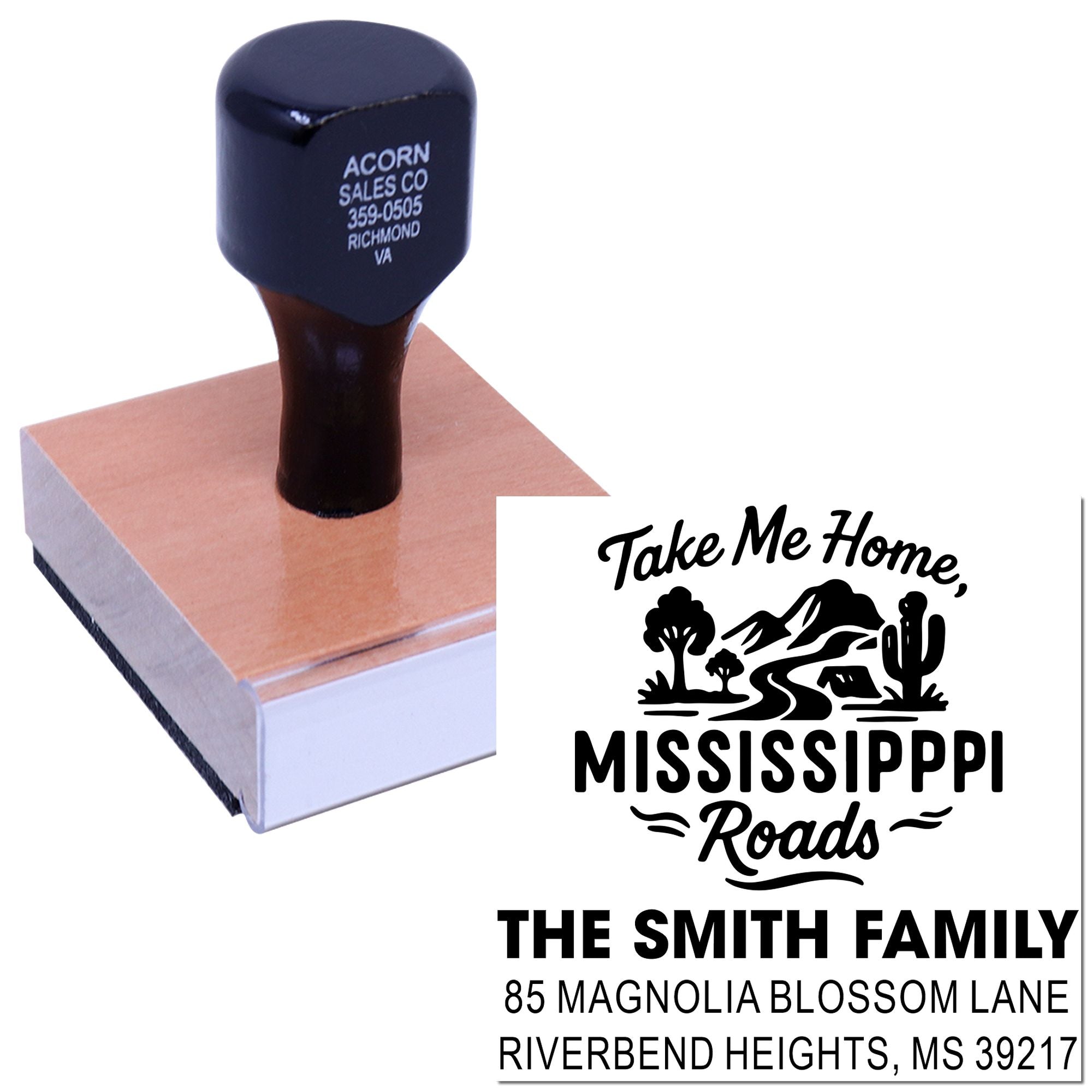 Personalized rubber address stamp with Mississippi Roads design, featuring The Smith Family name and custom home address.