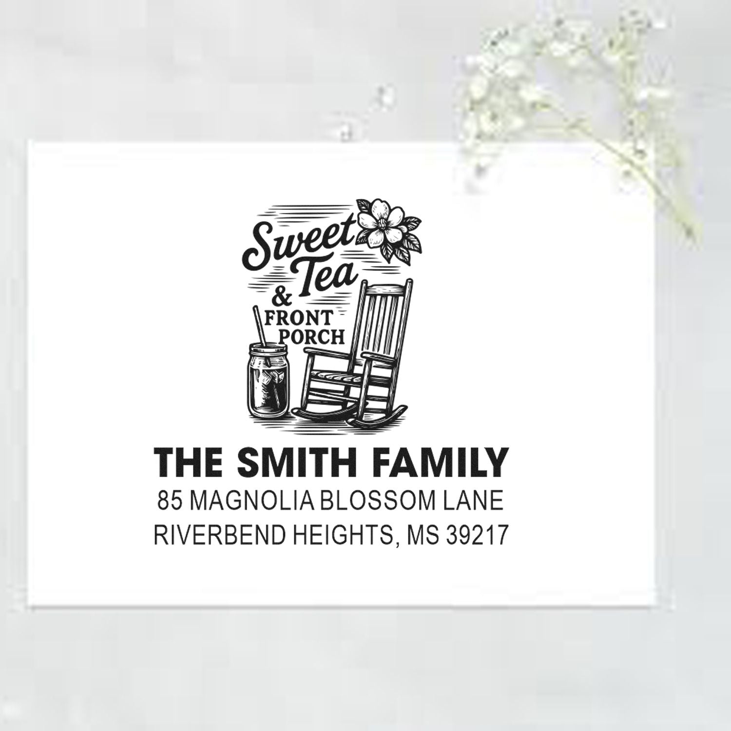 Custom return address rubber stamp with sweet tea front porch design, personalized for The Smith Family home mailing.