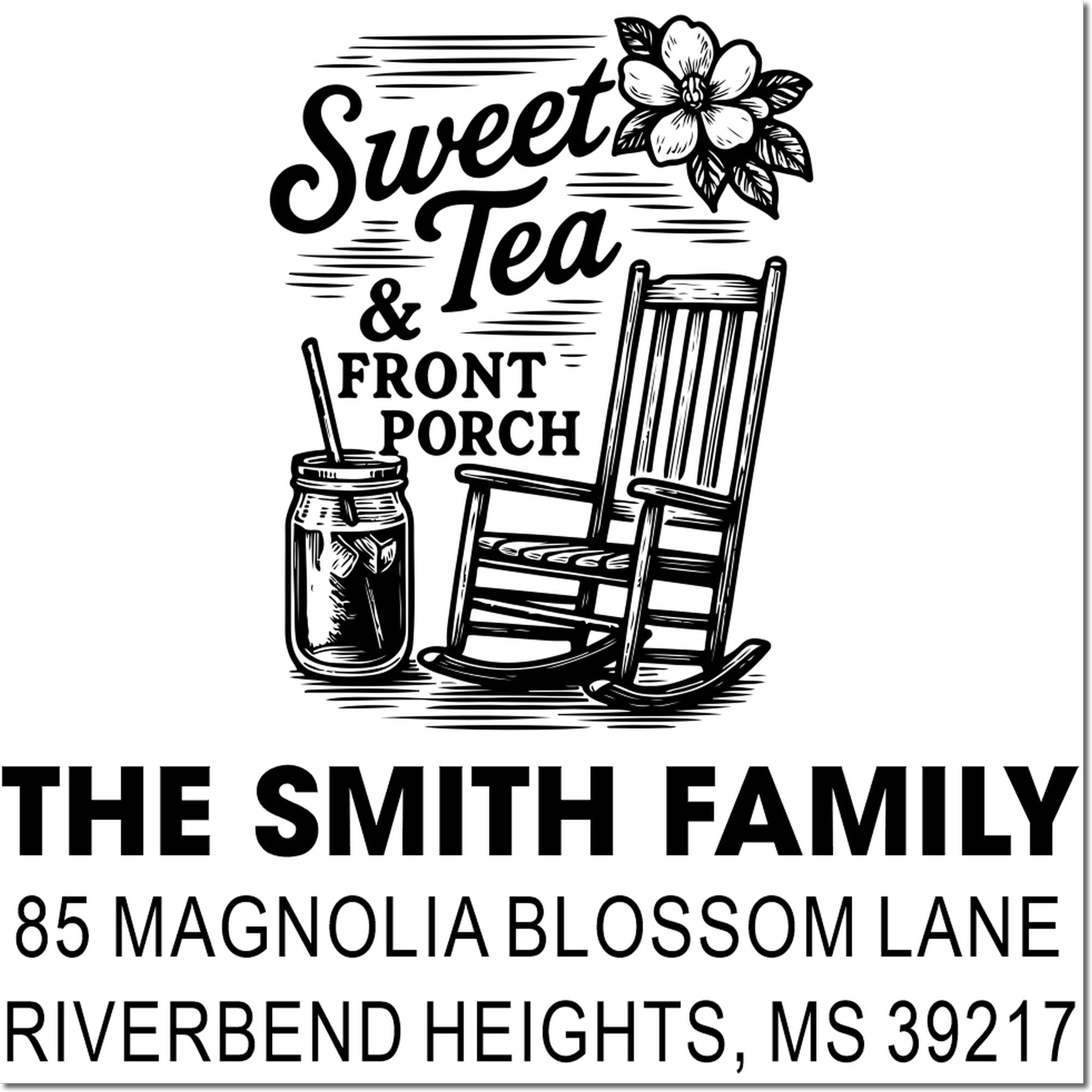 Personalized rubber stamp design with Sweet Tea & Front Porch, rocking chair, mason jar, and The Smith Family address.