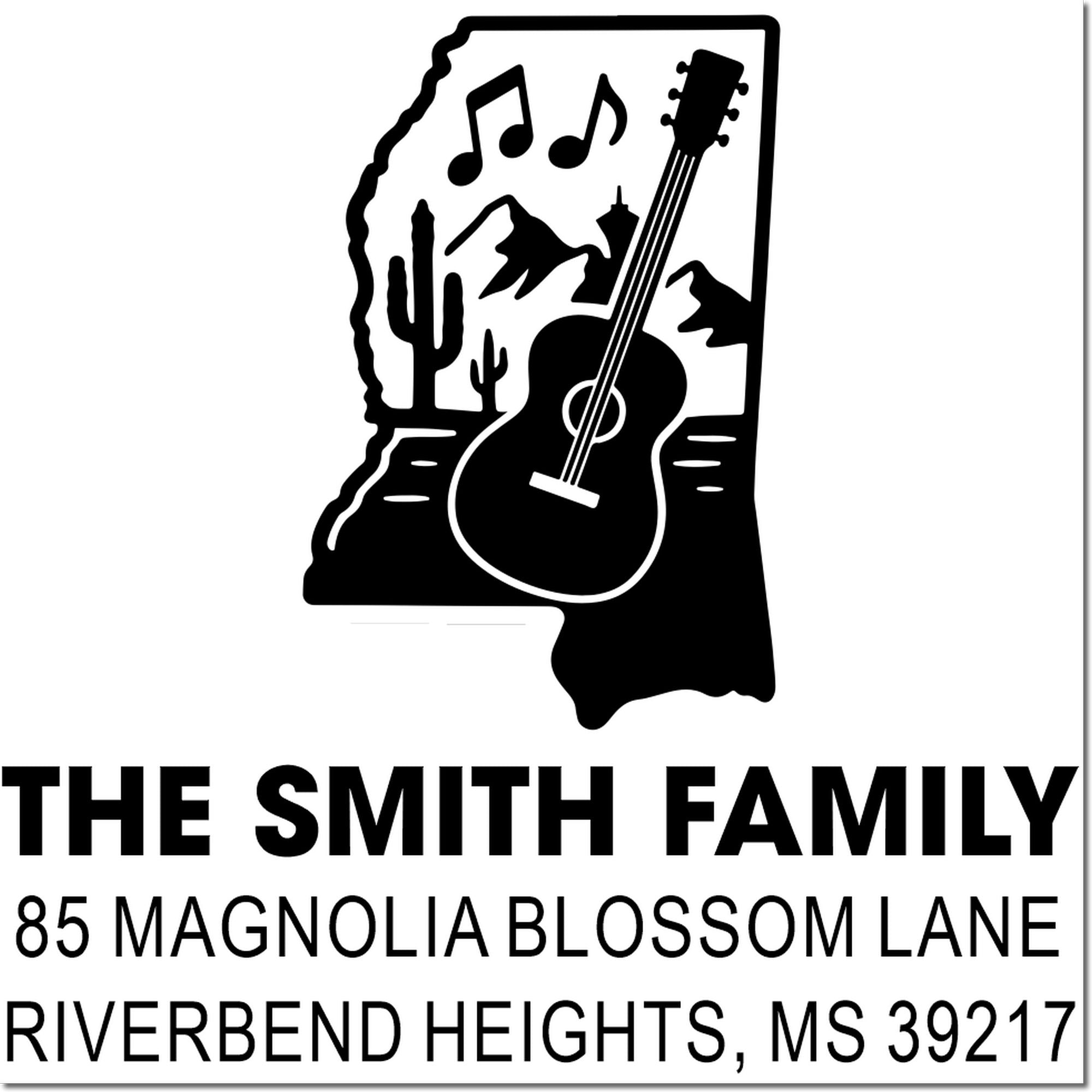 Custom Mississippi address rubber stamp with guitar, music notes, and The Smith Family return address.